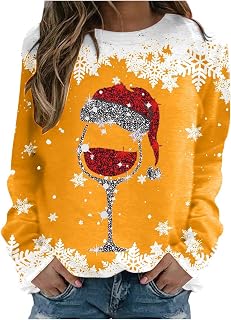 Sudadera con estampado de copo de nieve para mujer, cuello redondo, manga larga, suéter de Navidad, patrón de copa de vino, bloques de color, cómoda camiseta de sudor para leggings, Navidad, casual