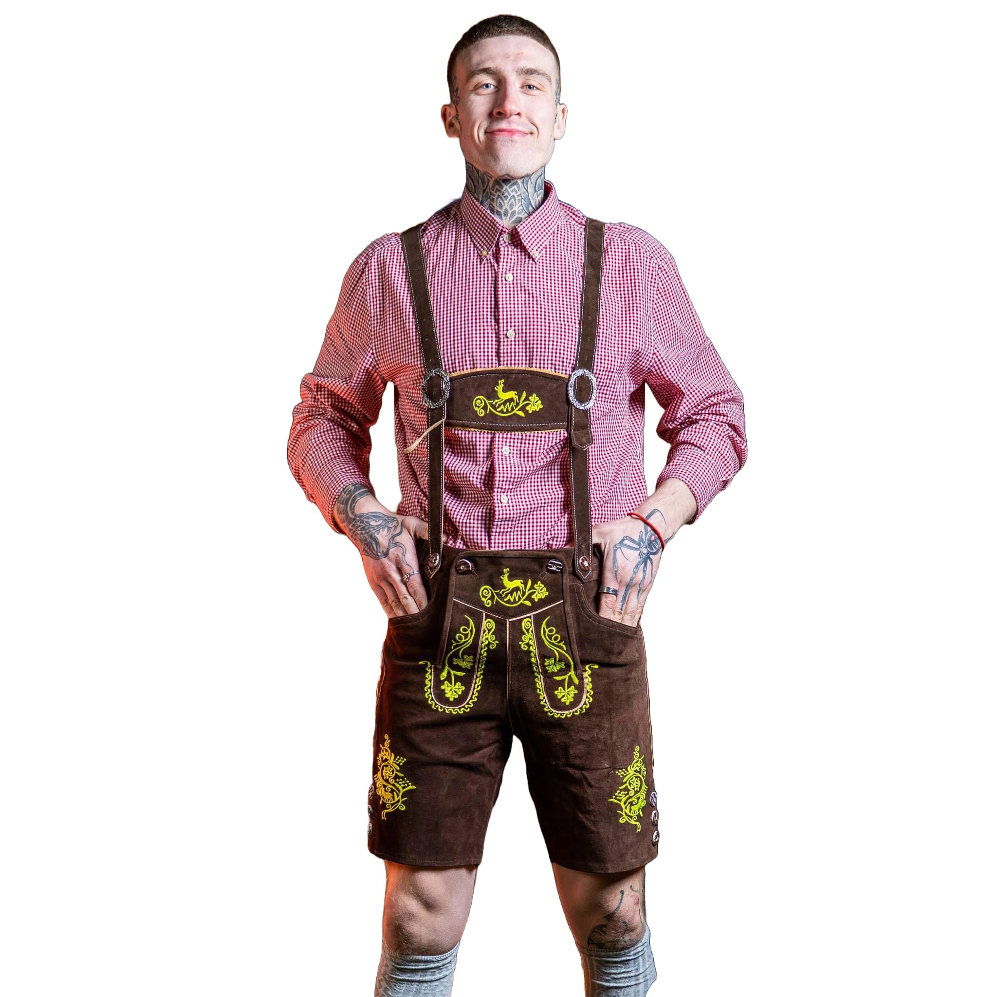 Bavarianland Men,s Lederhosen Real Suede Leather with Matching Suspenders Shorts (UK 38 inch/EU 54, Chocolate)