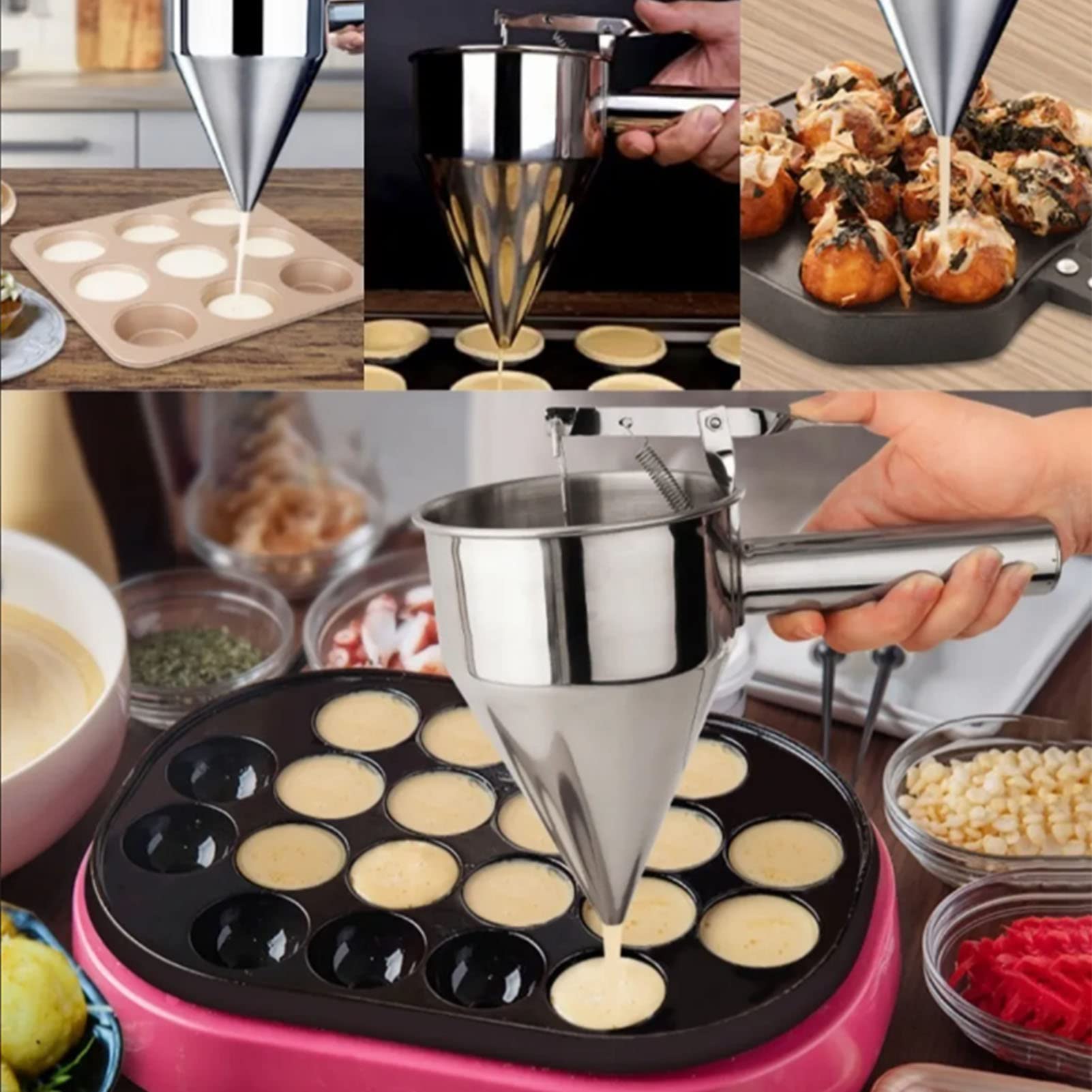 Takoyaki-Kugel-Teigspender aus Hochglänzendem Edelstahl mit Silikonstopfen, Backwerkzeug für Crepes und Cupcakes