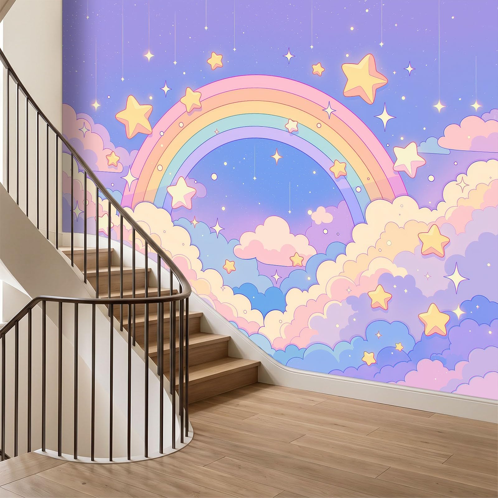 Tapeta 3D panoramiczny obraz ścienny 250 x 175 cm Cartoon Fantasy Himmel Regenbogen tapeta gobelin panoramiczny plakat salon dekoracja ścienna do pokoju dziecięcego, pudrowy niebieski