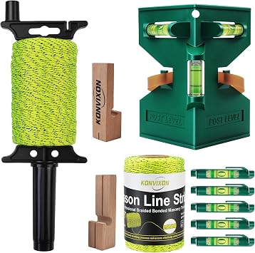 Masonry Line String with Post & Pipe Level, 5 Line Levels,2 Beech Wood Line Blocks,2 Rolls 540FT #18 Mason Line & Reel,Dual Color High Visibility,for Bricklaying,AlignmentFluorescent Yellow
