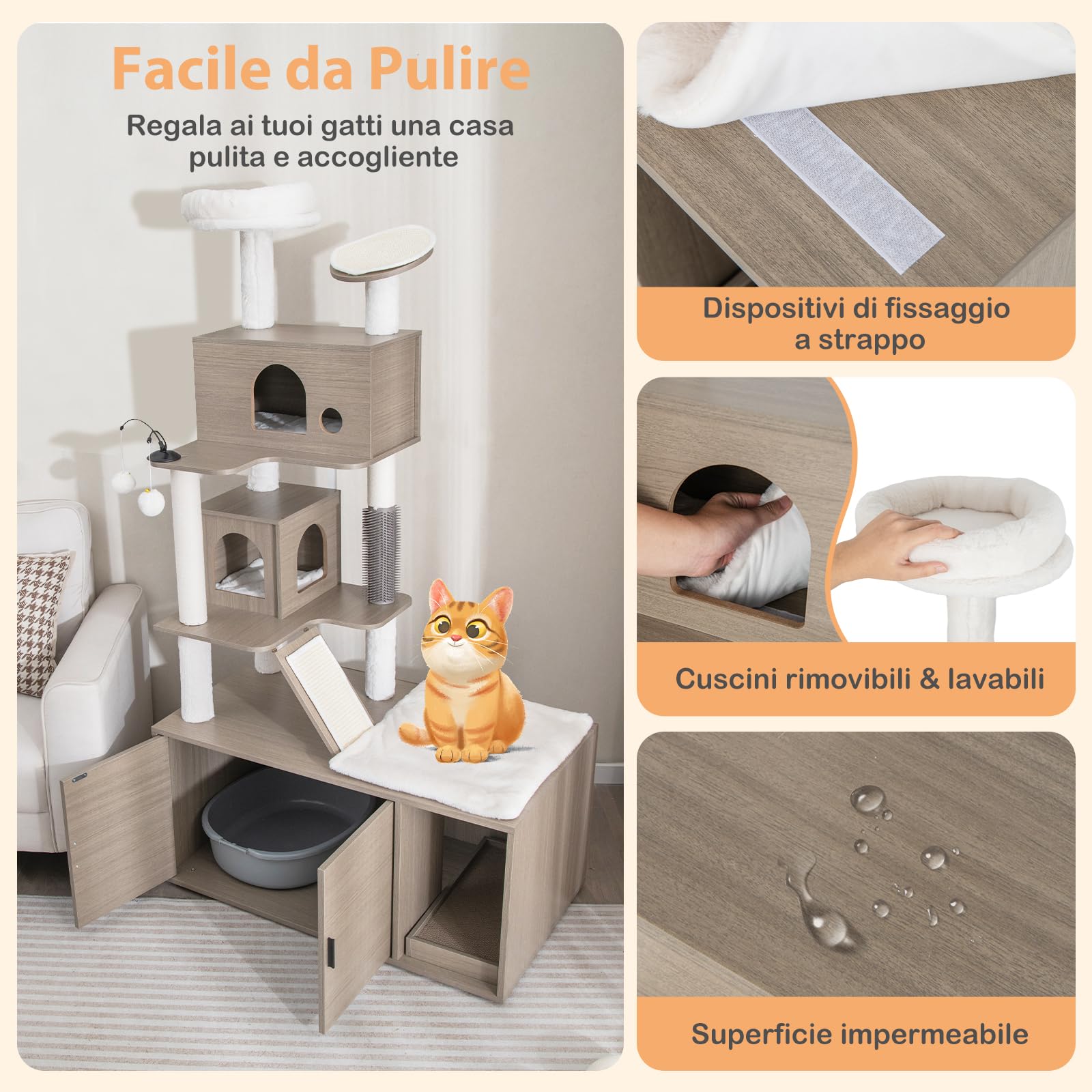 GYMAX Albero Tiragraffi per Gatti con Mobile Nascondi Lettiera, Torre per Gatti Tutto-in-uno con 2 Casette, Tiragraffi, Tappeti di Sisal, Palline, Spazzola, Mobile in Legno per Gatti Domestici