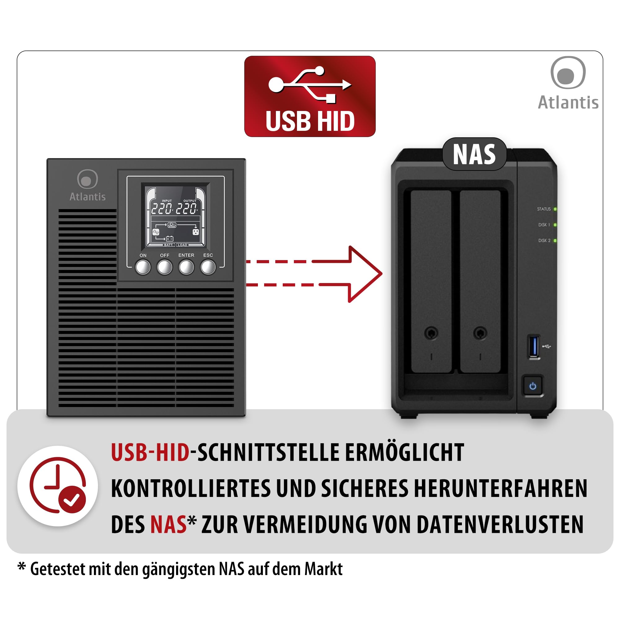 Atlantis A03-OP1002 USV OnLine USV-Server Doppelwandler Reine Sinuswelle 1000VA 900W, Tower, LCD-Display, USB, RS-232 seriell, 4 IEC-Ausgänge, EPO-Port, SNMP-Steckplatz, 2x12V-9Ah