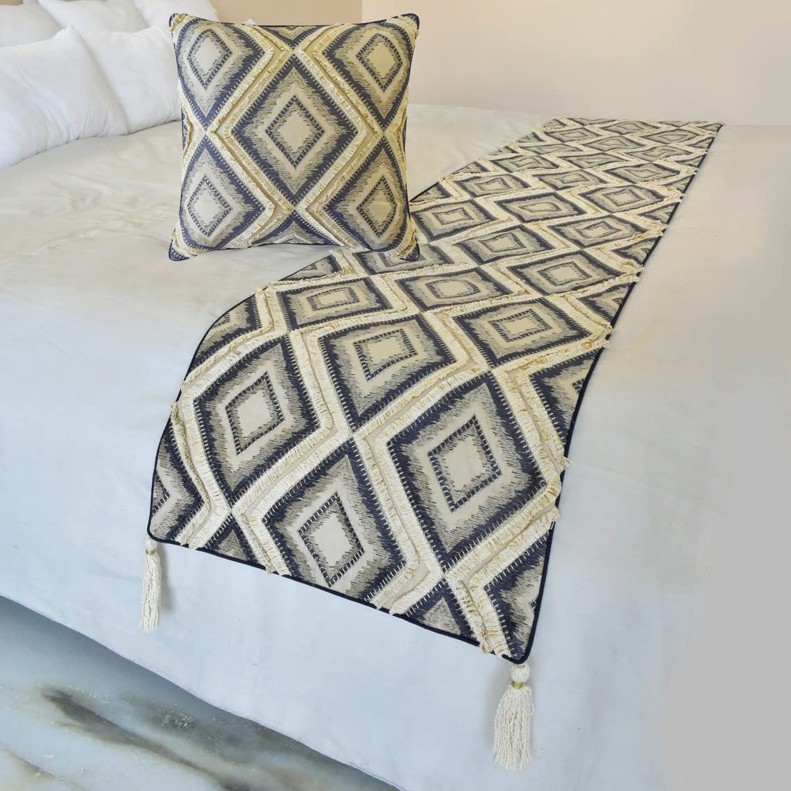 The HomeCentric King/Queen/Twin Blue Decorative CA King 215x45 cm Bed Runner With 2 Cushion cover, Lace & Moroccan Decor Bed Scarf on Jacquard fabric - Akida — image 1