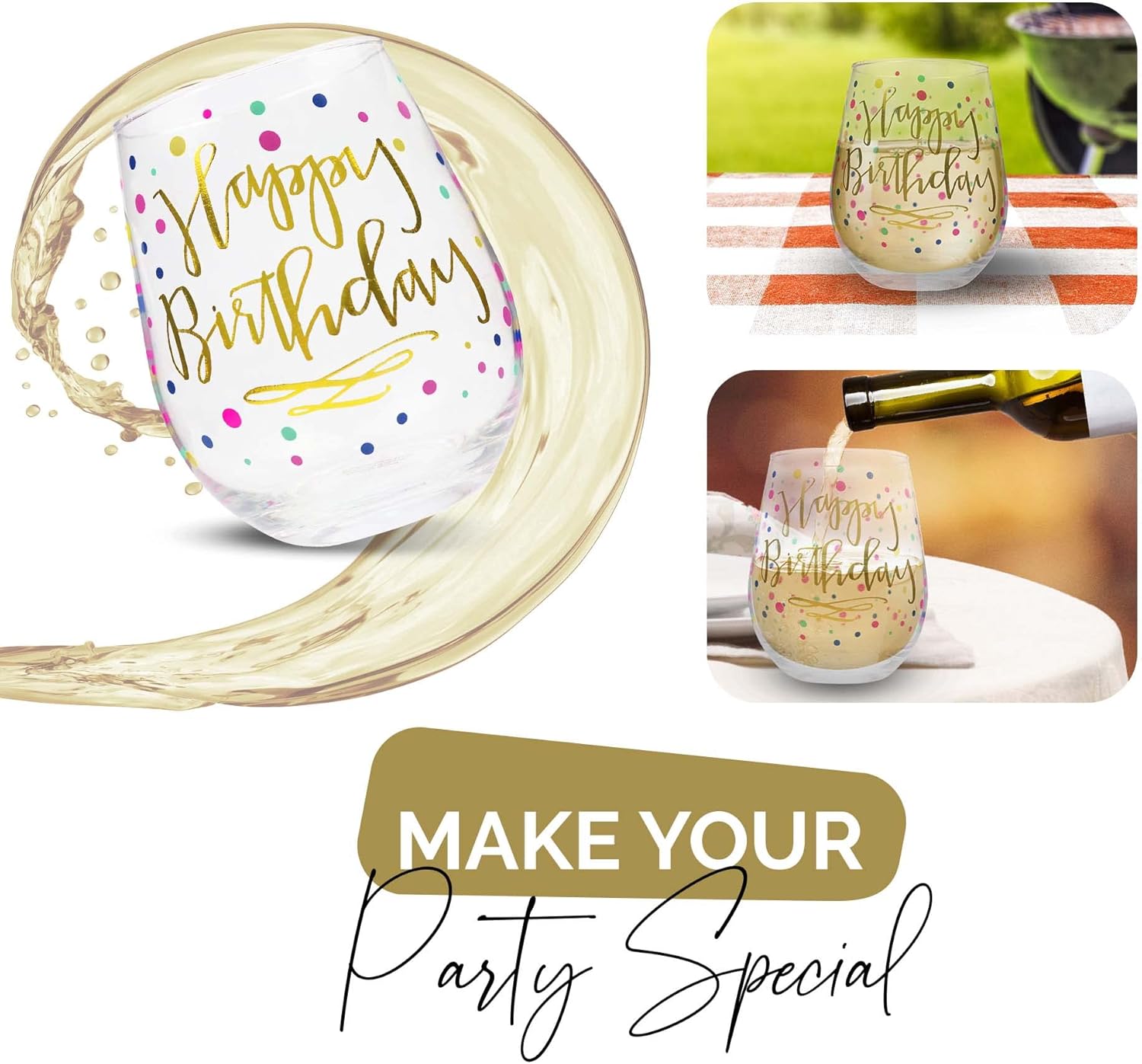 Your Dream Party Shop Happy Birthday Wine Glass, 22oz Stemless with Gold Print - Gift for Adults and Women, Happy Birthday Cups For Women - Image 3