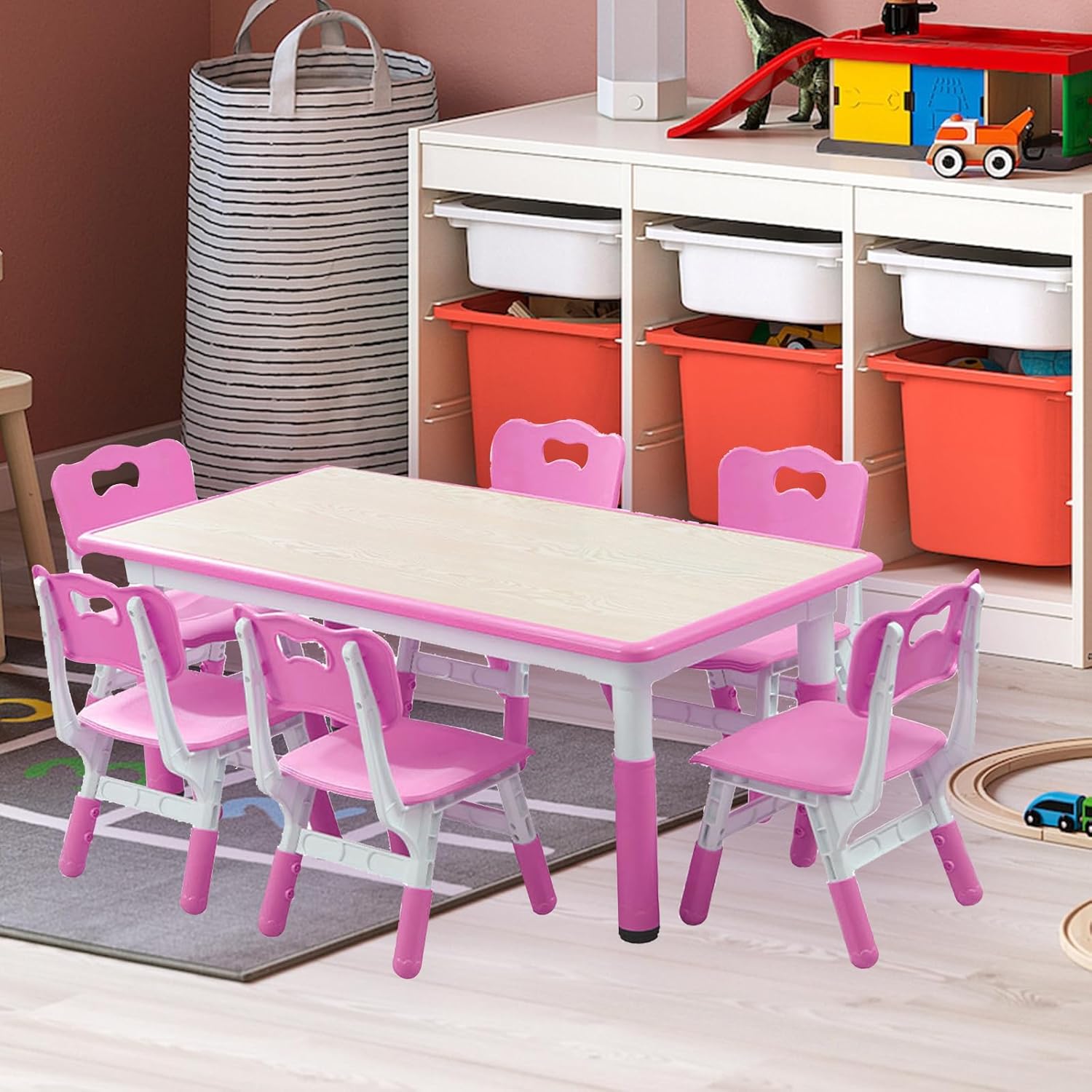 Height-Adjustable Kids Table & 6 Chairs Set – Ergonomic Toddler Desk with Graffiti Top, Non-Slip Legs, 300Lb Capacity, for Ages 2-10 in Classroom, Daycare & Home, Pink