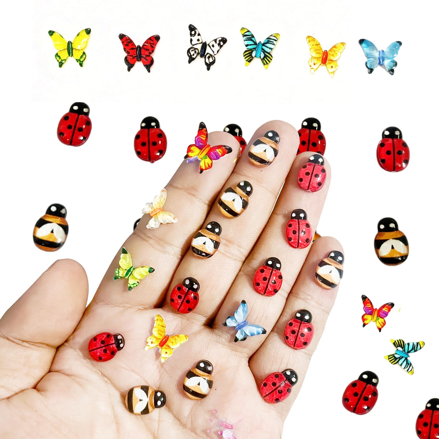 Photo 1 of 100Pcs Miniature Micro Resin Ladybug Butterfly Bee Set, Dollhouse Miniature Flatback Cabochon Bugs, for Spring Fairy Garden Terrarium Scrapbook, Nail Art, Decoration (Ladybug Butterfly Bee Set)