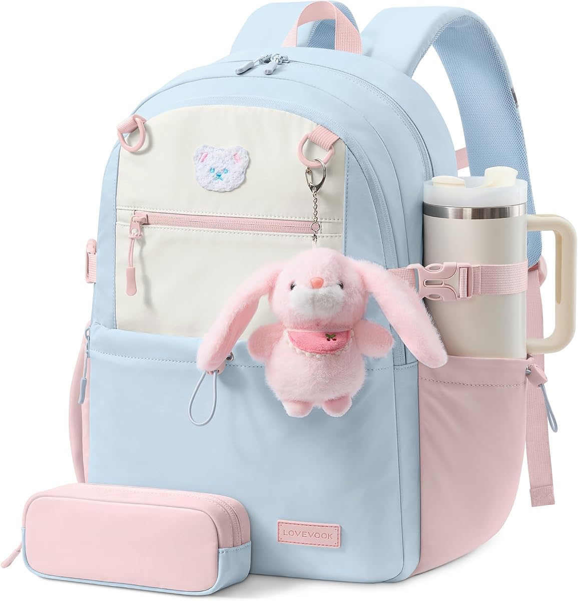 LOVEVOOK School Backpack for Girls Ages 8-14,Girls Backpack with Cup Holder | Light Blue-Pink-Beige丨Pencil Case丨Fits 15.6" Laptop 丨Breathable, Lightweight & Waterproof 丨 for Elementary & Middle School