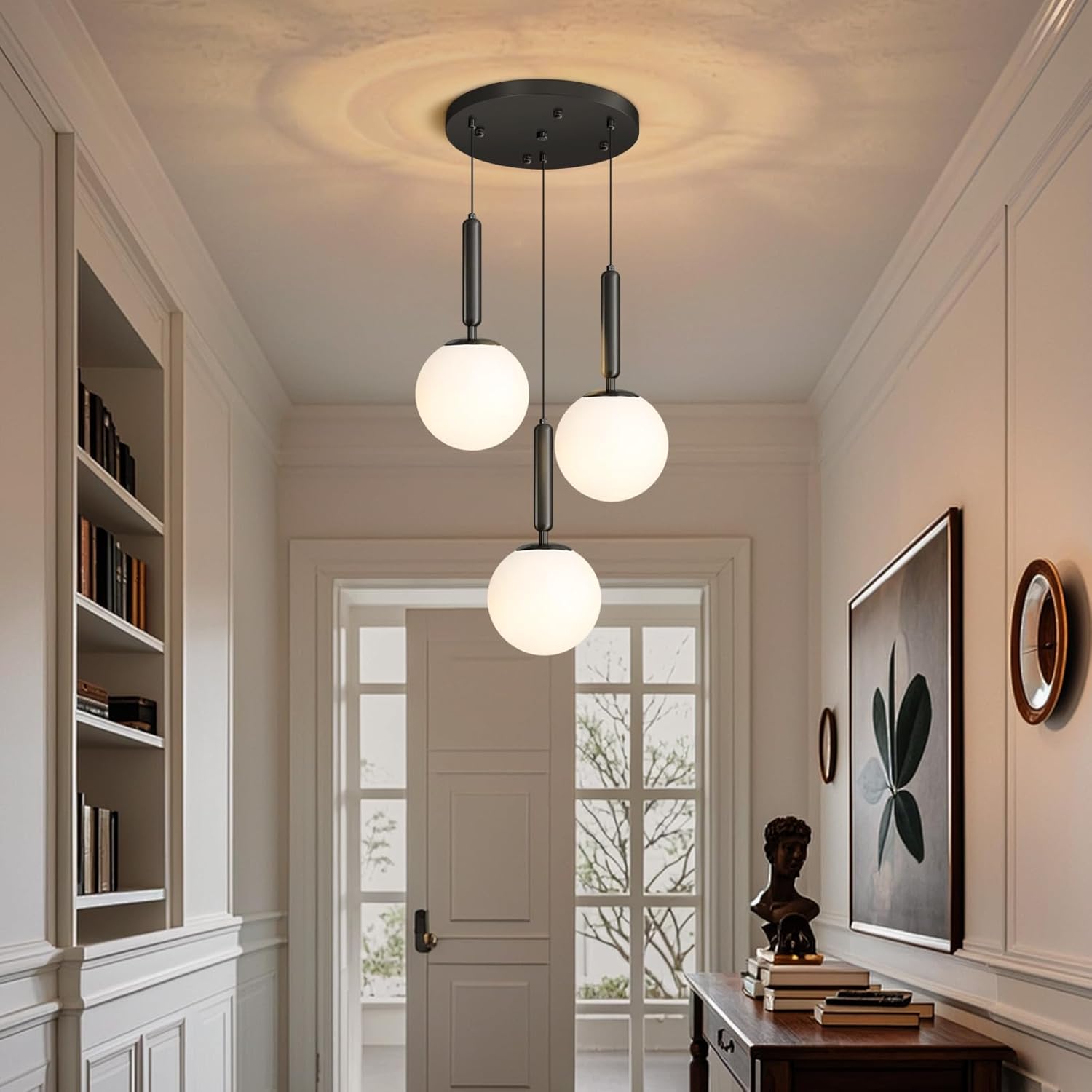 Modern White Glass Chandelier Cluster Pendants Lights for Kitchen Island Mid Century Globe Hanging Lighting Fixture Living Room Dining Room Bedroom E26 Bulbs Black