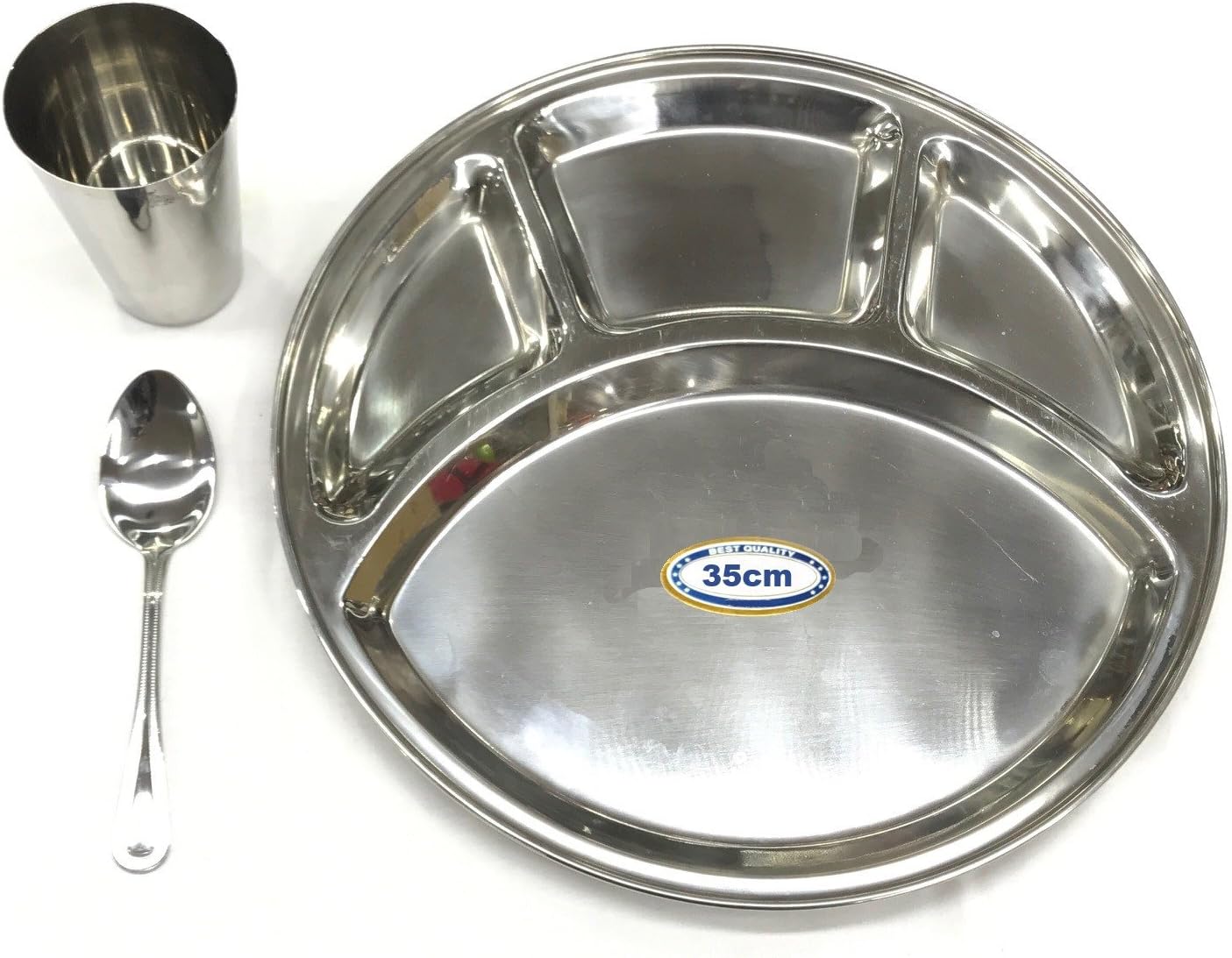 Stainless Steel 4 Compartment 3pc Thali Set Dinner Set Bhojan Plate Spoon Glass 35cm