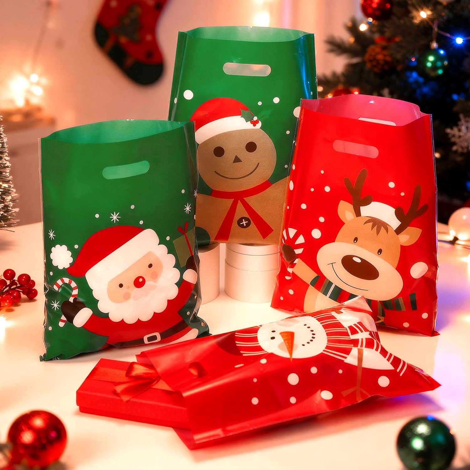 Eaasty 48 Pieces Large Plastic Christmas Gift Bags Bulk 16 x 12 Inch Xmas Treat Candy Goodie Bags with Santa Snowman Elk Gingerbread Man Patterns for Christmas Holiday Party Favor Gift Giving - Image 4