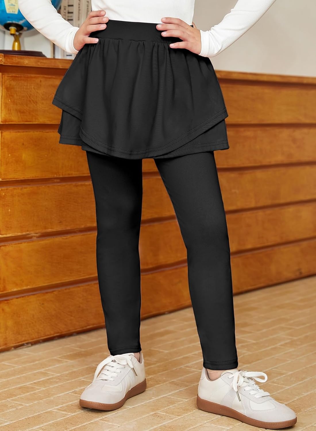 blibean Girls School Uniform Pants High Waist Leggings with Skirts Double Layer Size 6-15 Years