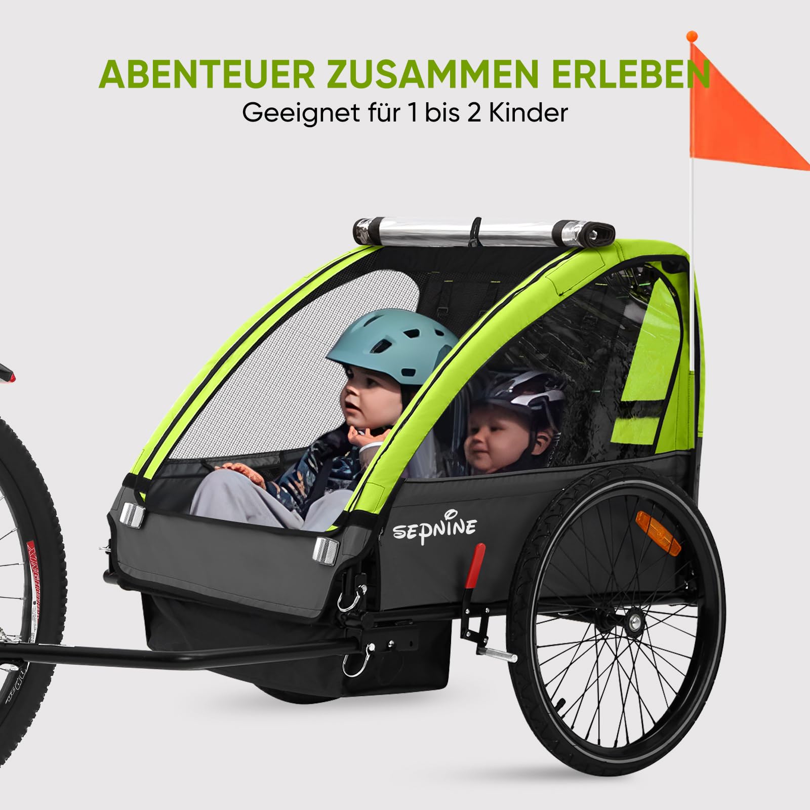 SEPNINE Kinderanhänger für Fahrrad, Fahrradanhänger für 1-2 Kinder, mit 5-Punkt-Sicherheitsgurt, Luftreifen, Handbremse, Faltbar, Max. 40 kg (Grün)