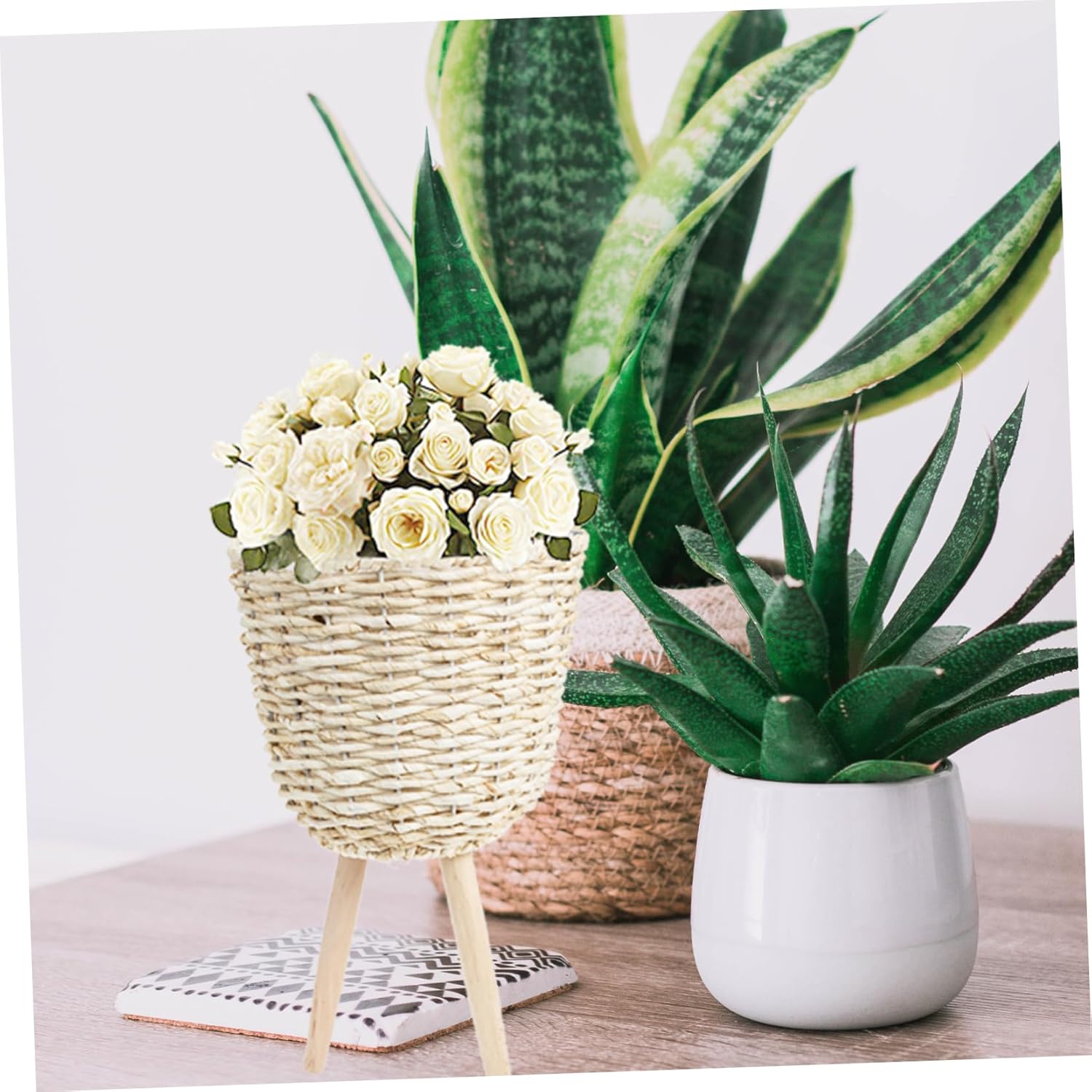 Yardwe Woven Bamboo Plant Basket Indoor Flower Arrangement Decorative Storage Basket for Home Decor