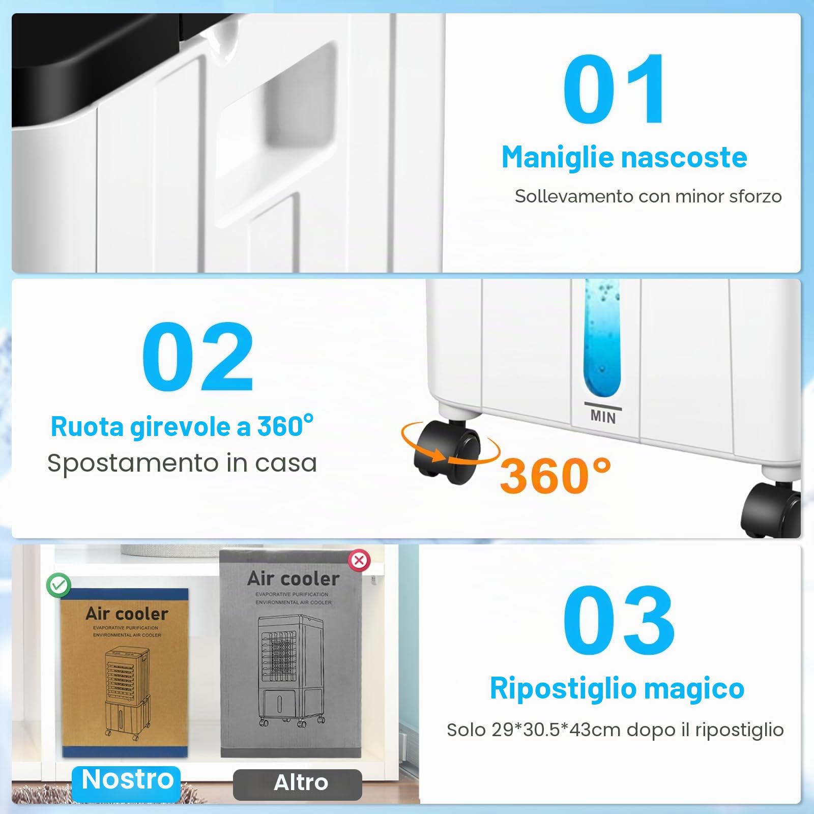 Condizionatore Condizionatore Senza Tubo di Scarico 14L 60W Condizionatore Mobile con Timer 12H 3 Modalità 40dB Oscillazione 120° Serbatoio Acqua Estraibile Telecomando Silenzioso