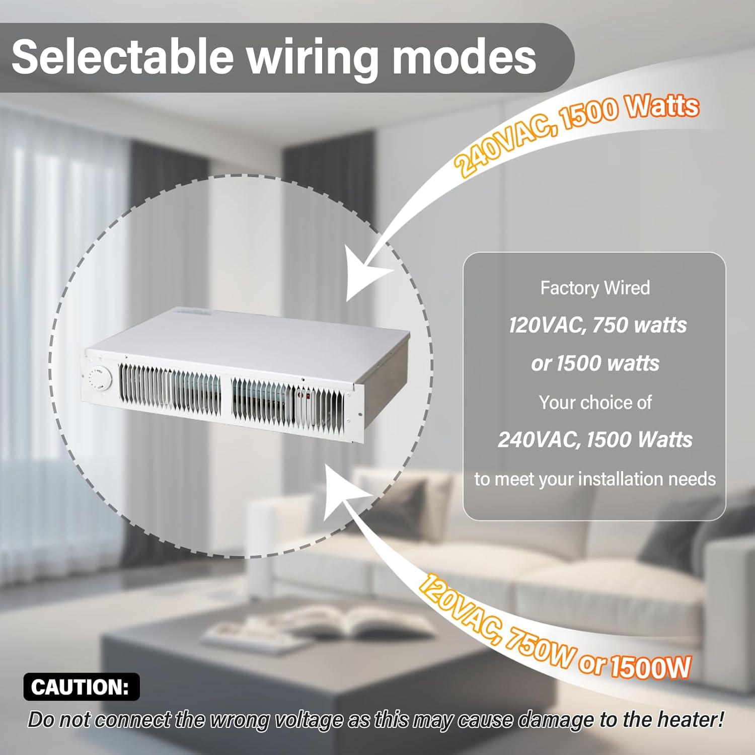 Upgraded 112 Electric Kickspace heater with thermostat, covers 150 sq. ft. at factory-rated voltage, suitable for kitchens, bathrooms, and other kick spaces. 120V/240V-1500W, toe kick heater, white