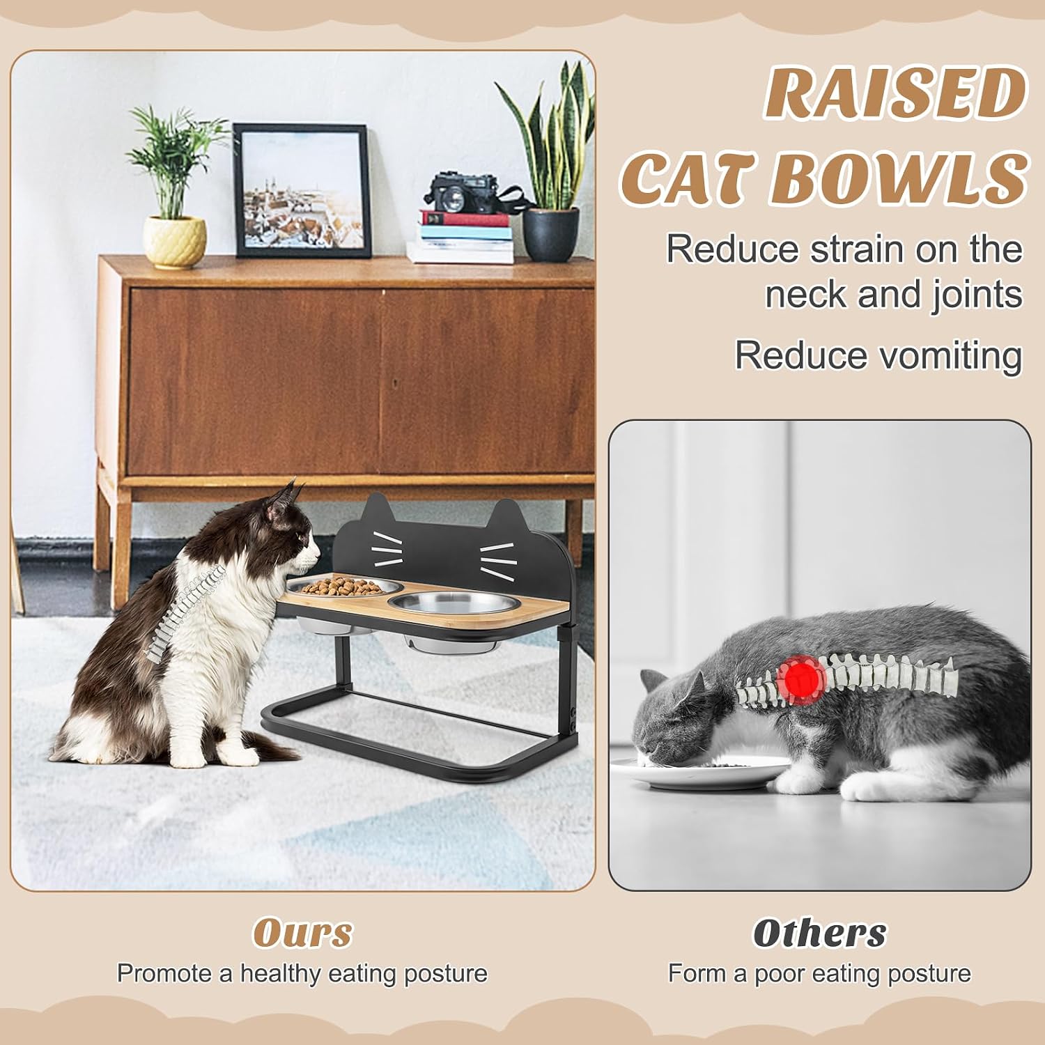 PETSITE Elevated Cat Food Bowls, Raised Cat or Dog Bowl Stand w/ 2 Stainless Steel Bowls, 3 Adjustable Heights, Ideal for Cats & Small Puppies