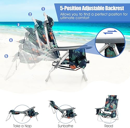 Miniatura 4 de Tangkula Silla de Playa con Mochila con Mesa, Sillas Reclinables de 5 Posiciones con Bolsa Refrigeradora, 2 Portavasos, Barra para Toallas, Silla
