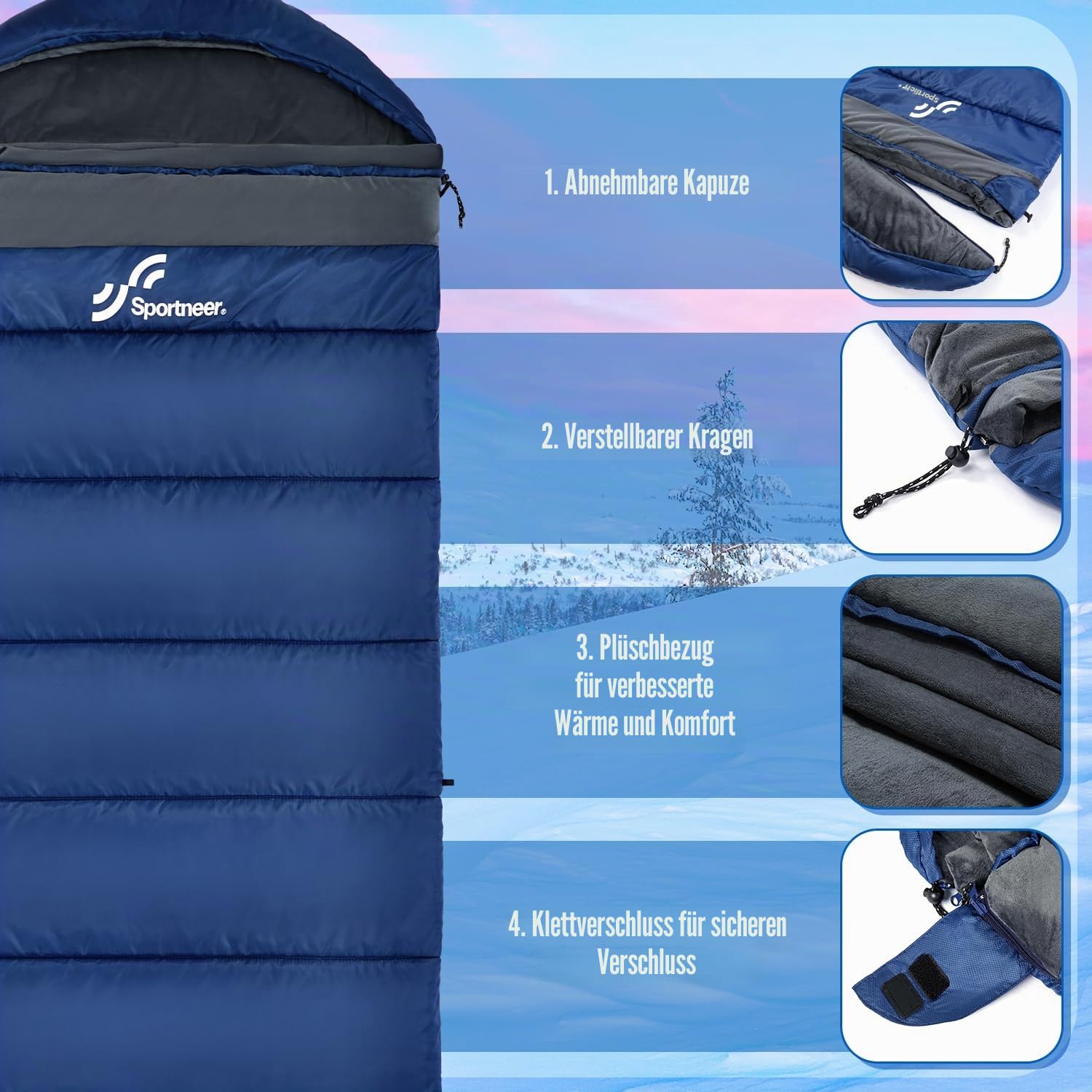 Schlafsack 0 Grad XXL 230 x 90CM Winterschlafsack mit Abnehmbarer Kapuze und weichem Kristallsamt-Futter für Erwachsene
