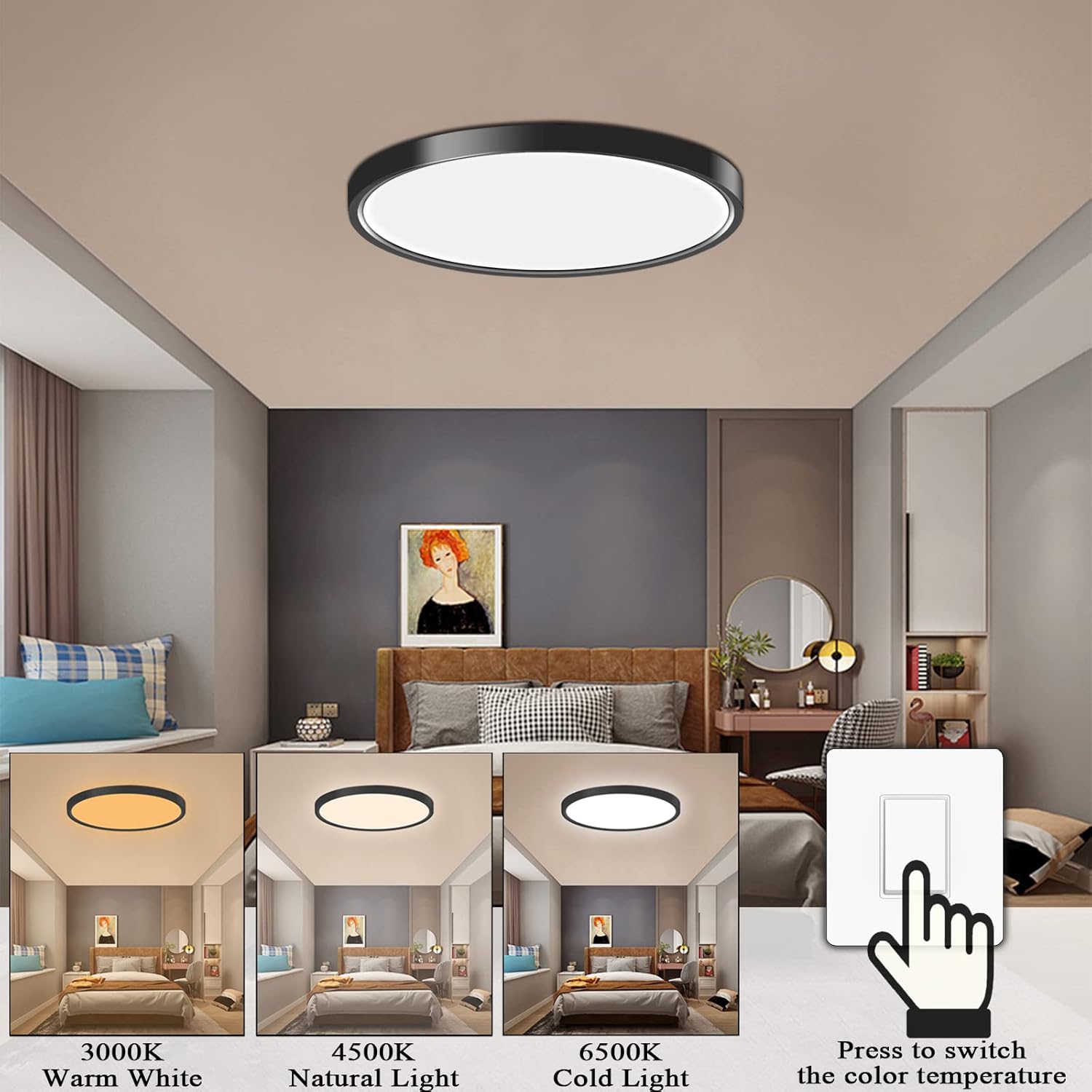 Flush Mount Ceiling Light 2 Pack, 3000K/4500K/6500K switchable Ceiling Light, 12 Inch 28W Round Ceiling Mount Light Fixture for Kitchen, Bedroom, Living Room, Dining Room