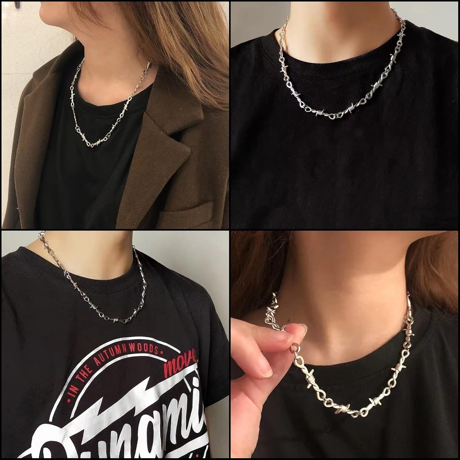 White Gold Thorns Chain Link Necklace for Men, 20inches Unisex Gothic Punk Hip hops Necklace, Metal Barbed Wire Personality Necklace Disco Jewelry - Image 3