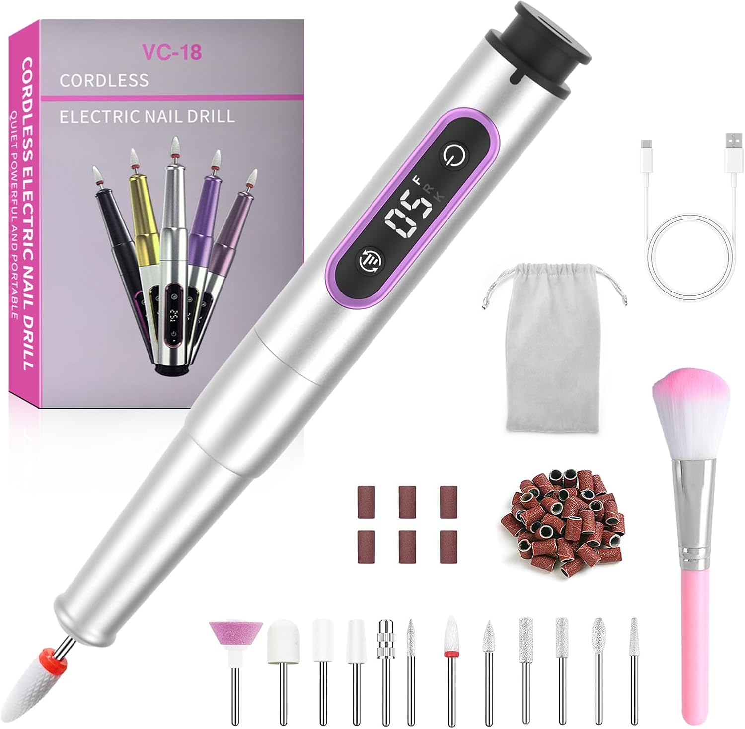 Ponceuse pour Ongles Professionnel sans Fil – Lime a Ongle Electrique 13 en 1, 25000 tr/min, 5 Vitesses – Set Manucure Pédicure avec Batterie, Ponceuse Ongle pour Gelnägel