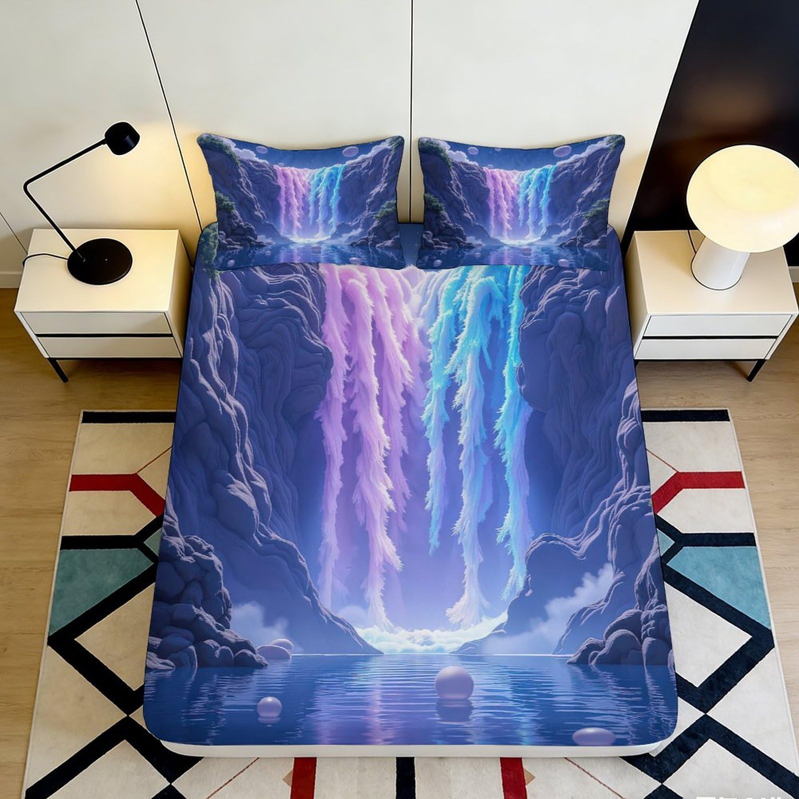 Jqzkxnhpbr Style-8 3D Printed Aurora Waterfall Fitted Sheet Microfiber Soft Blue Purple Lightning Mattress Cover Bedroom Decor 90X200x25cm