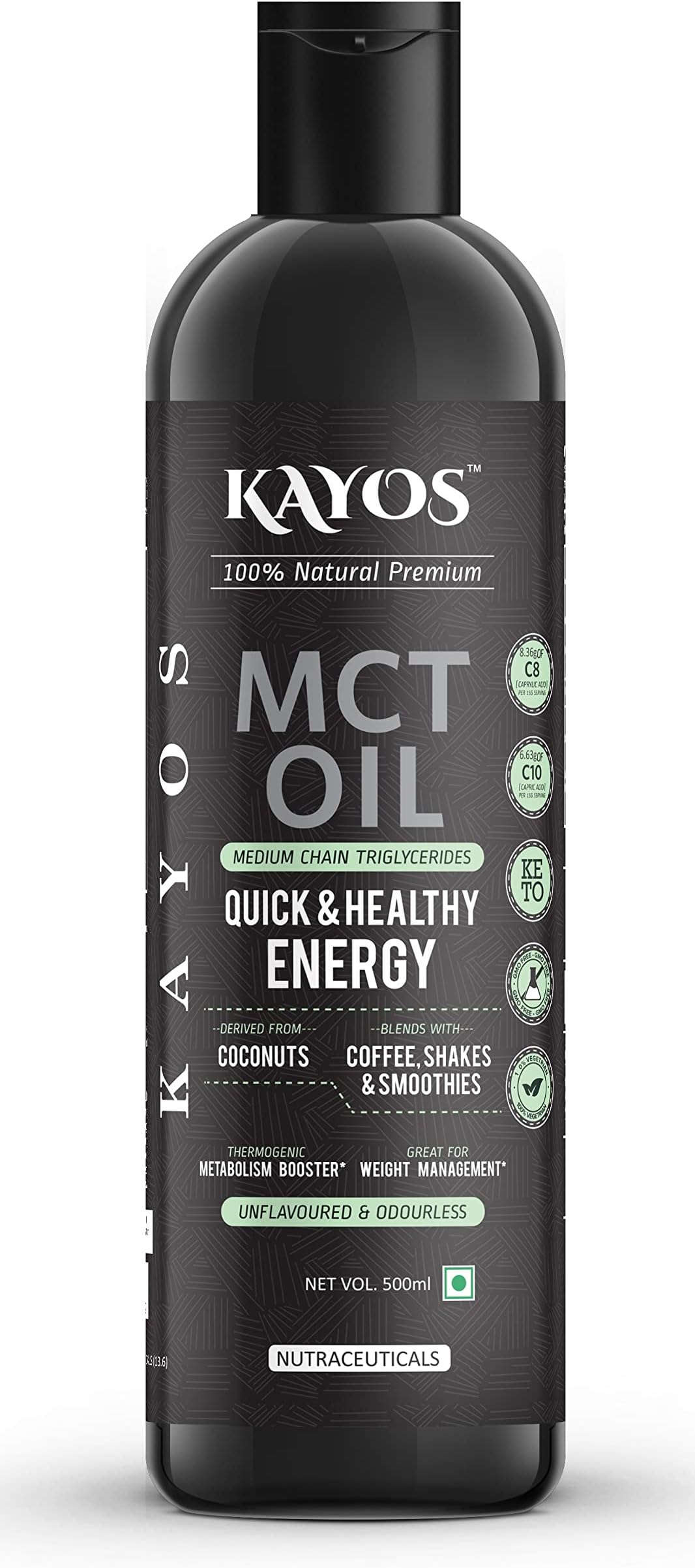 KAYOS - MCT Oil for Weight Management 490ml | Pure Coconut Sourced MCT C8 Oil | Keto Friendly Ketogenic MCT Oil for Keto Coffee | Pre-workout Supplement for Energy & Focus