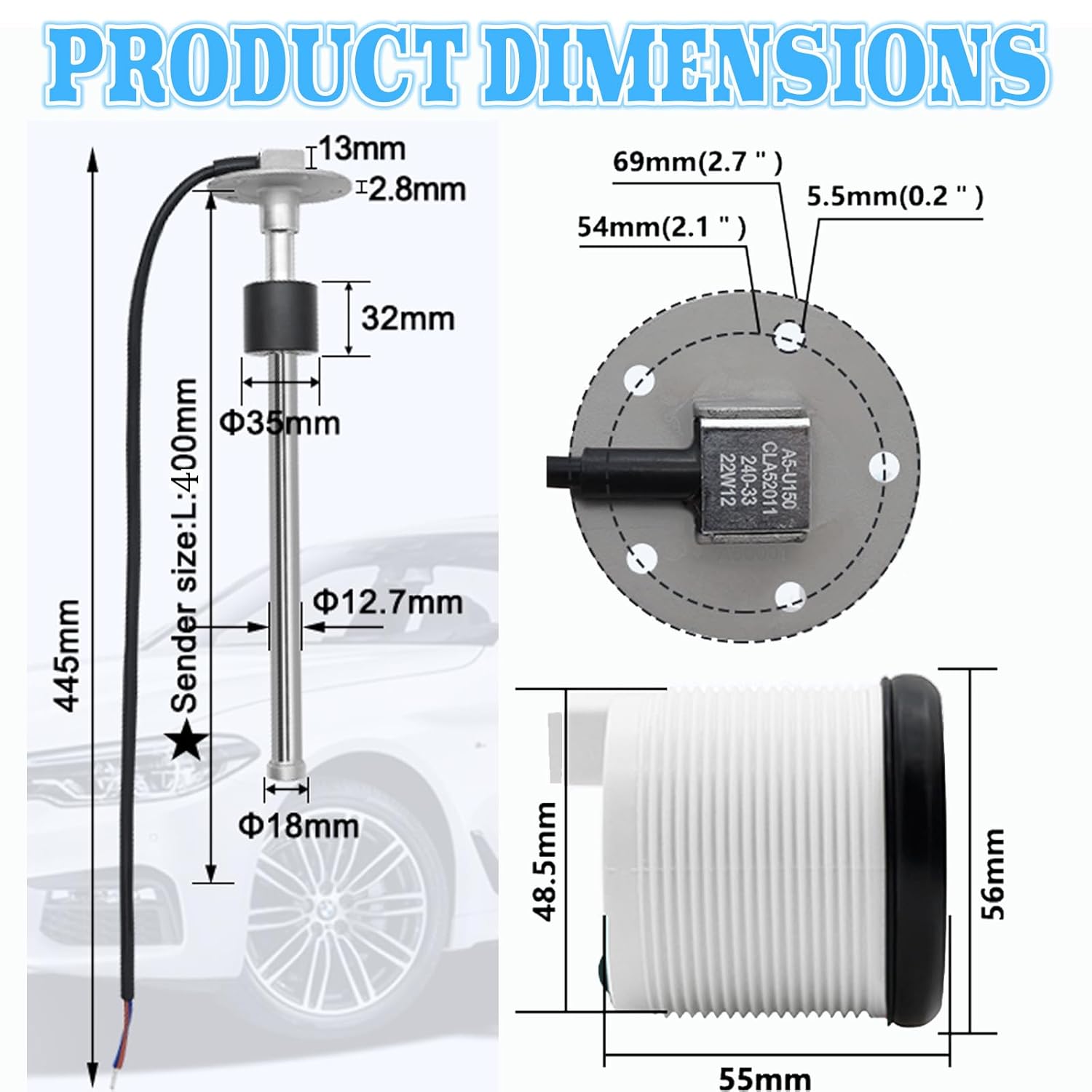 Geloo Fuel Sending Unit with Fuel Gauge Kits 16" (400mm) Boat 316 Stainless Steel Fuel Level Sensor Fuel Water Tank Sender Gas Tank Sending Unit Boat Gauge for Boat Truck RV 240-33ohm
