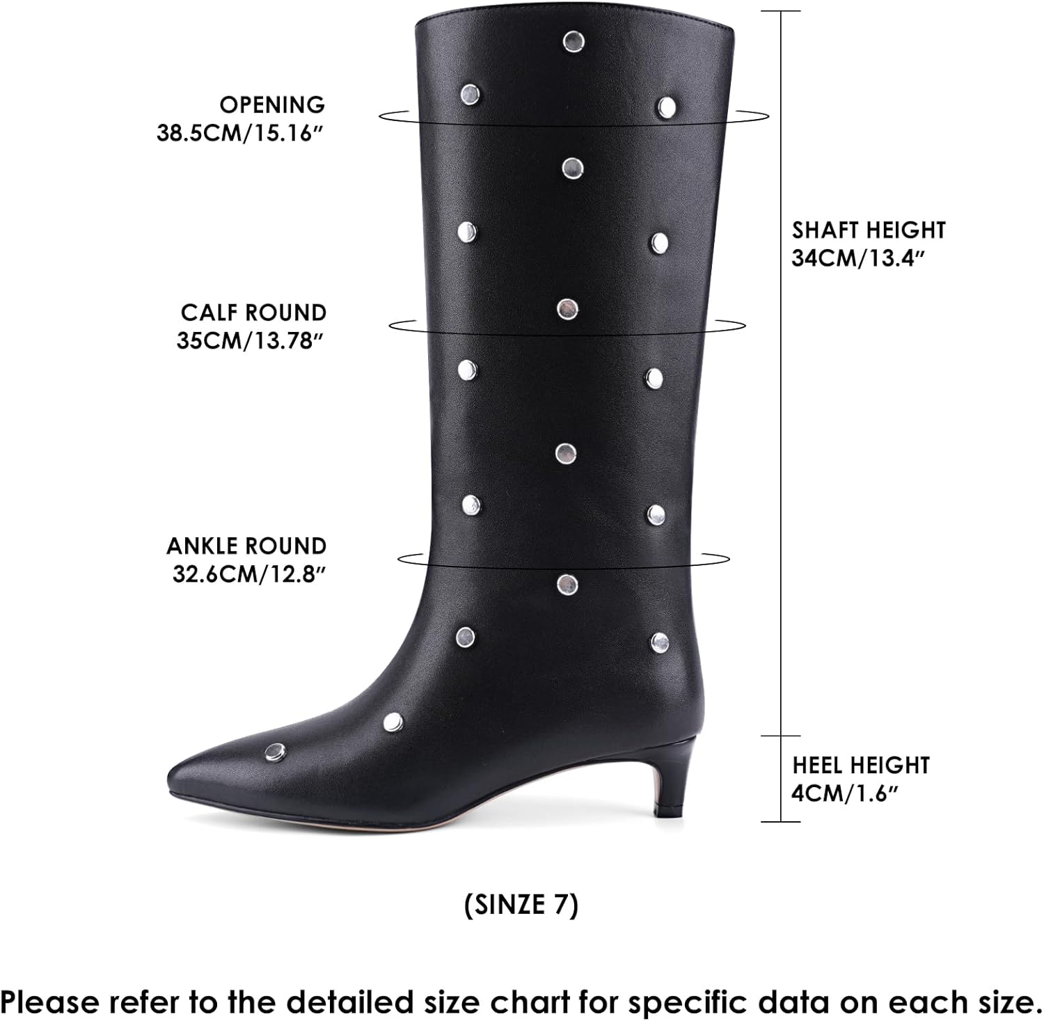 QIV Studded Knee High Boots Women Pointed Toe Kitten Heel Mid Wide Calf Boots with Zipper