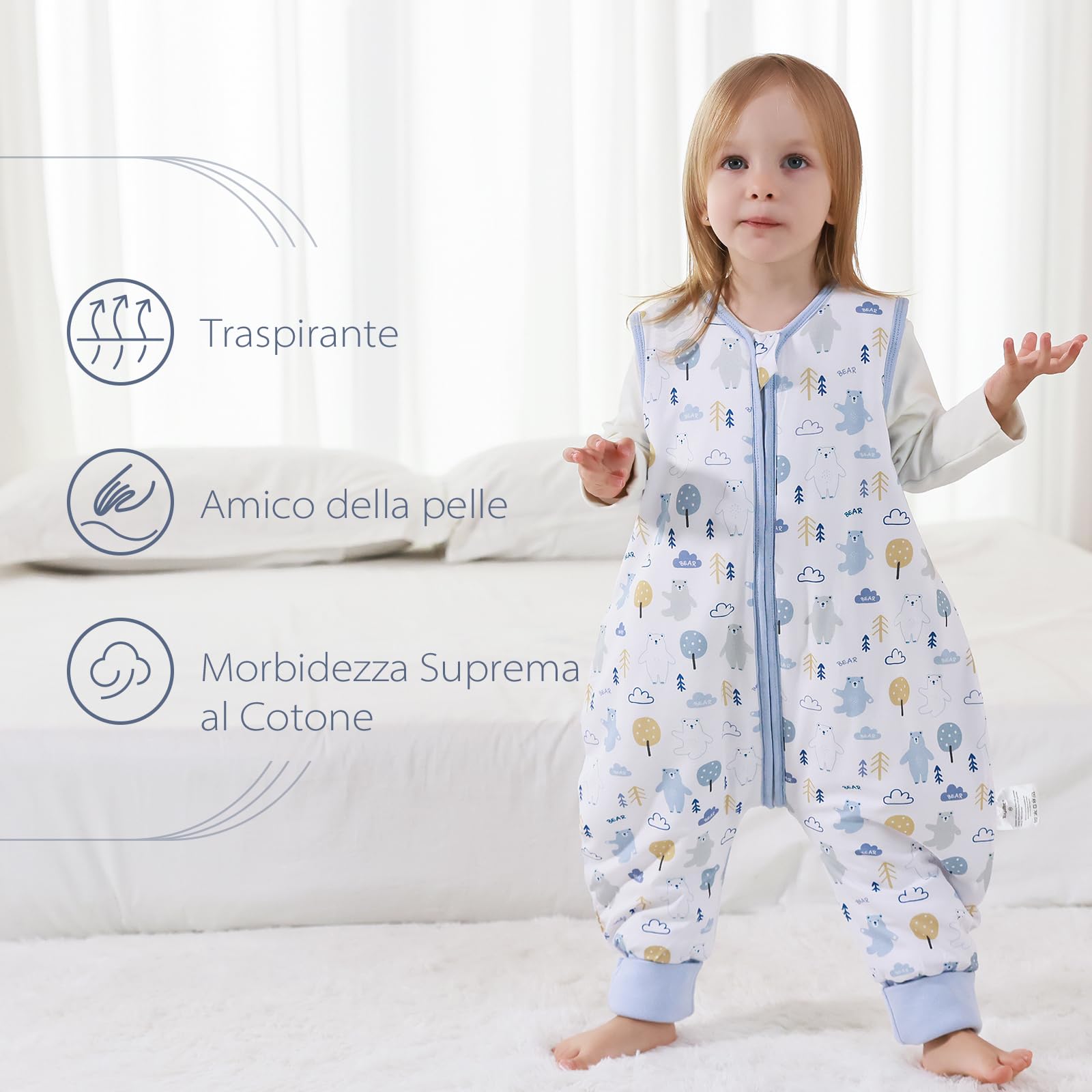 Sacco nanna con piedi, 2,5 Tog, super morbido, realizzato in rayon di bambù, per bambini, in fibra di bambù, per l'inverno, per l'autunno e l'inverno (orsi, 80cm (18-36 Mesi))