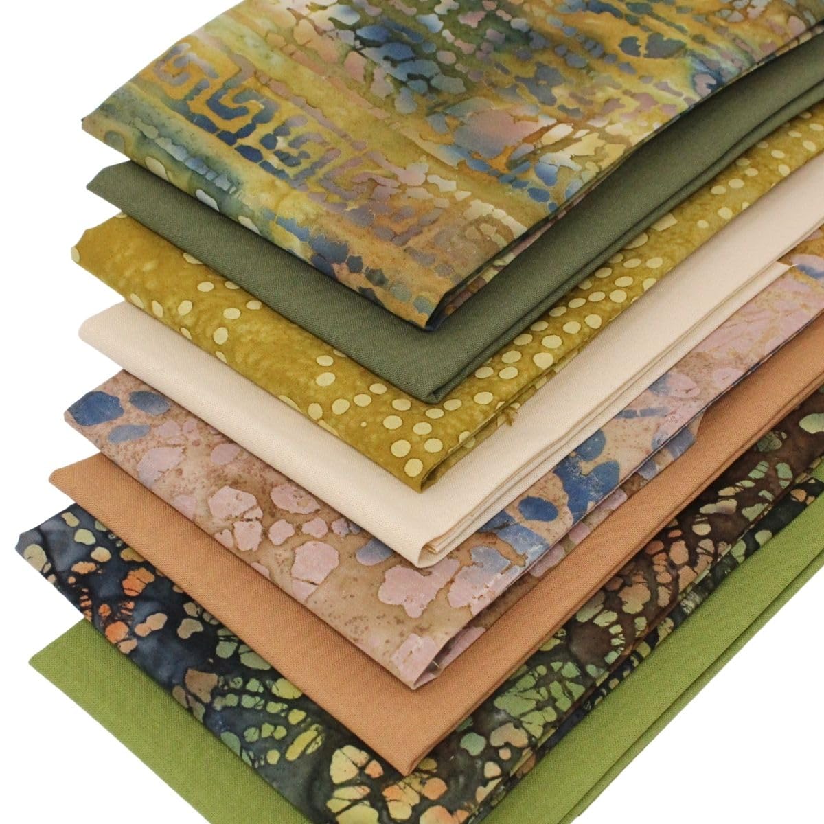 8 Fat Quarters Bundle - 'Timberland' Striking Batik and Plain Solid Fabrics In Earthy Green and Browns. 100% Cotton for Quilting, Patchwork & Crafting (with free patchwork pattern by Overdale Fabrics)