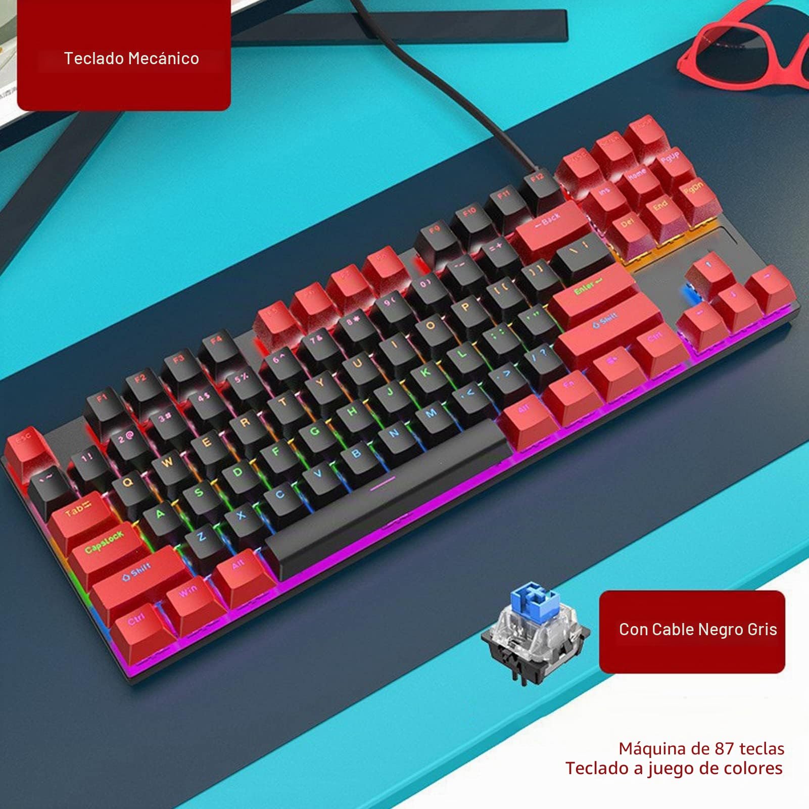 Teclado Mecánico de Dos Colores, Teclado Mecánico para Juegos, 87 Teclas, Ultradelgado, RGB, Retroiluminado, Teclado con Cable USB con Interruptores Azules, para PC Gamer (Alámbrico Negro Rojo)