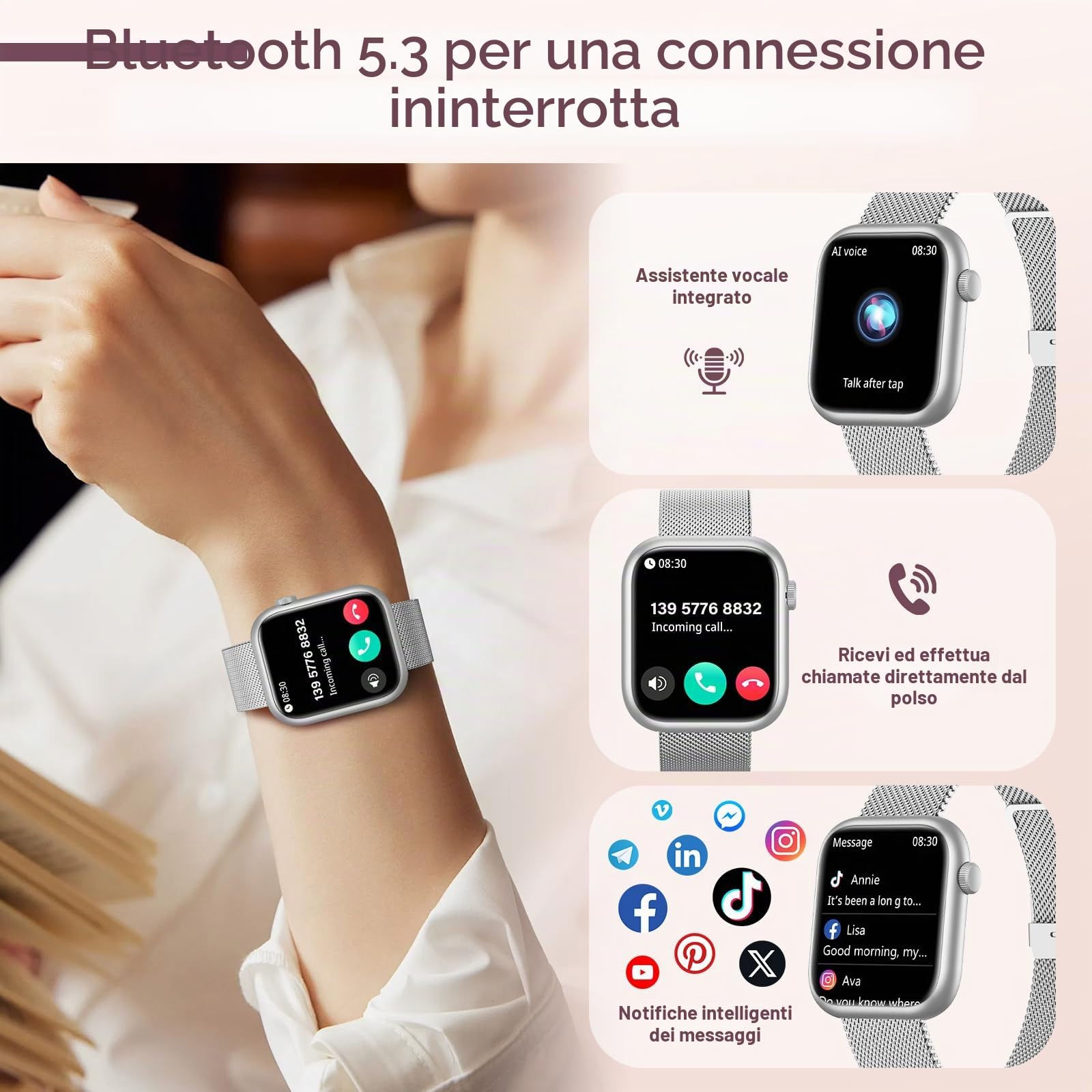 SLOKSFil Smartwatch donna, 1,85" Orologio Fitness con KI Quadrante, Frequenza Cardiaca, SpO2, Sonno, KI Q&A,110+ Sport Smartwatch con Chiamata, Notifiche Messaggi iOS Android (Argento Starlight)