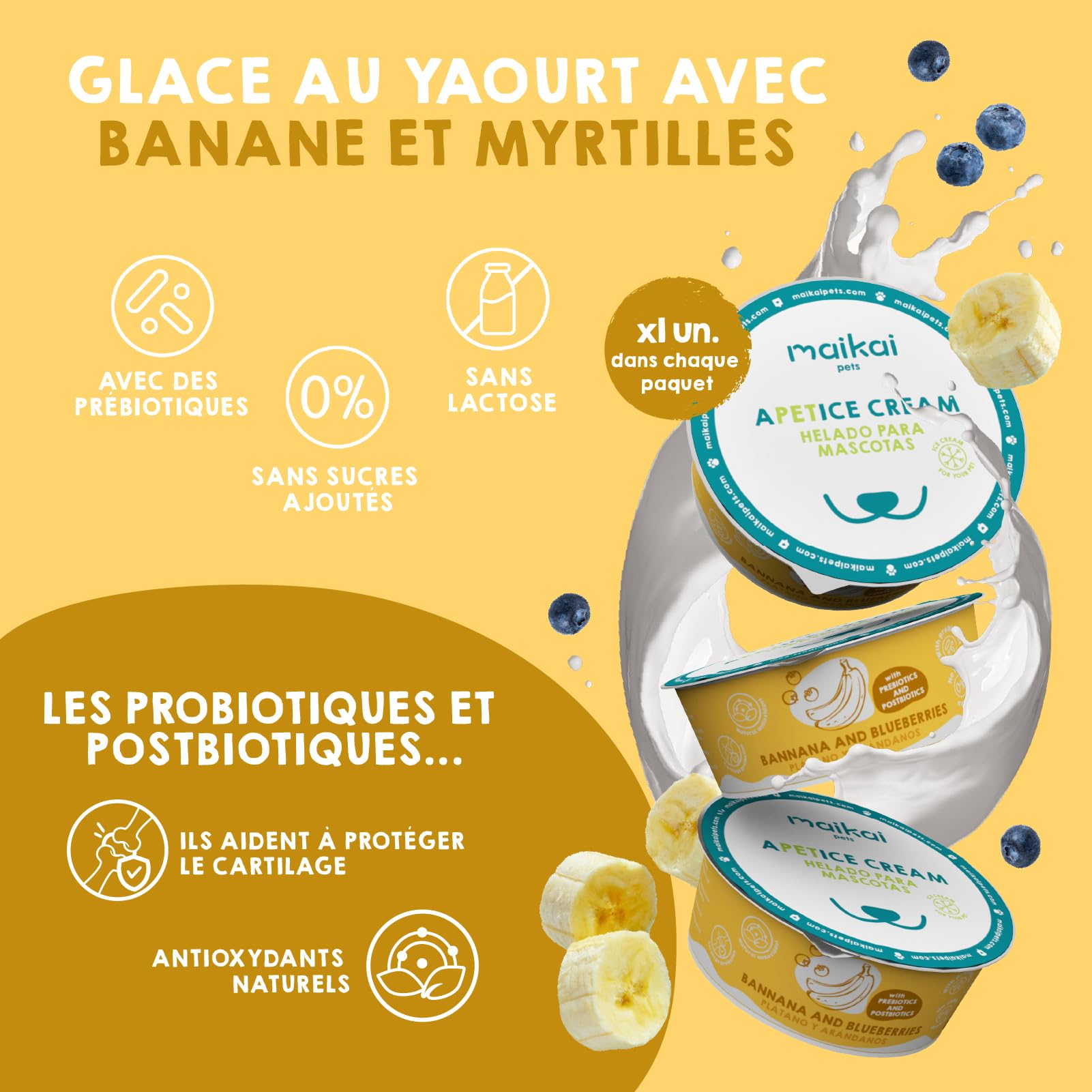 MAIKAI Lot 4 Glaces Rafraîchissantes pour Chiens et Chats – Collagène & Inuline – Friandise sans Lactose Hydratante – Idéale pour Tapis de Léchage – Soutien Articulaire et Digestif