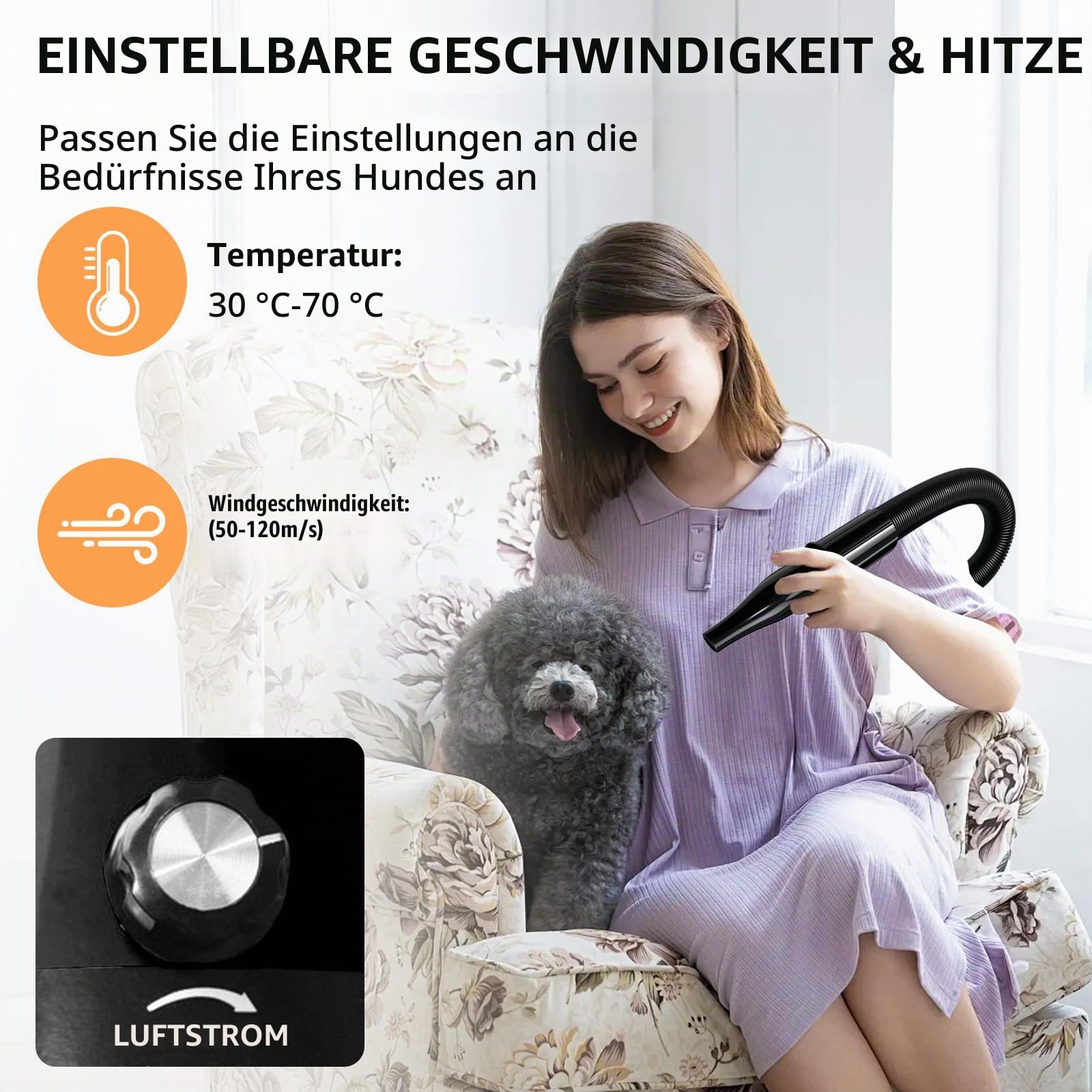 3200W Hundefön Blower Sehr Leise - Pet Dryer Hundetrockner Blower mit Einstellbarer Windgeschwindigkeit und Temperaturen, 4 Verschiedenen Düsen Elastischem Schlauch und Pflegebürst