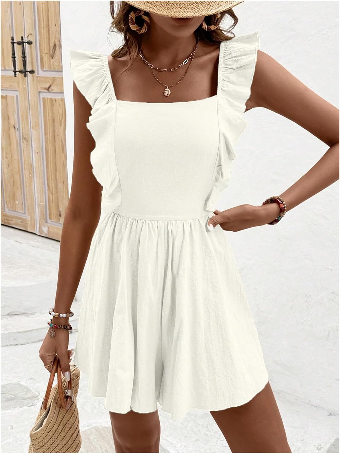 SweatyRocks Women's Bow Tie Back Ruffle Sleeveless Wide Leg Rompers Summer Vacation Short Jumpsuit - Image 3