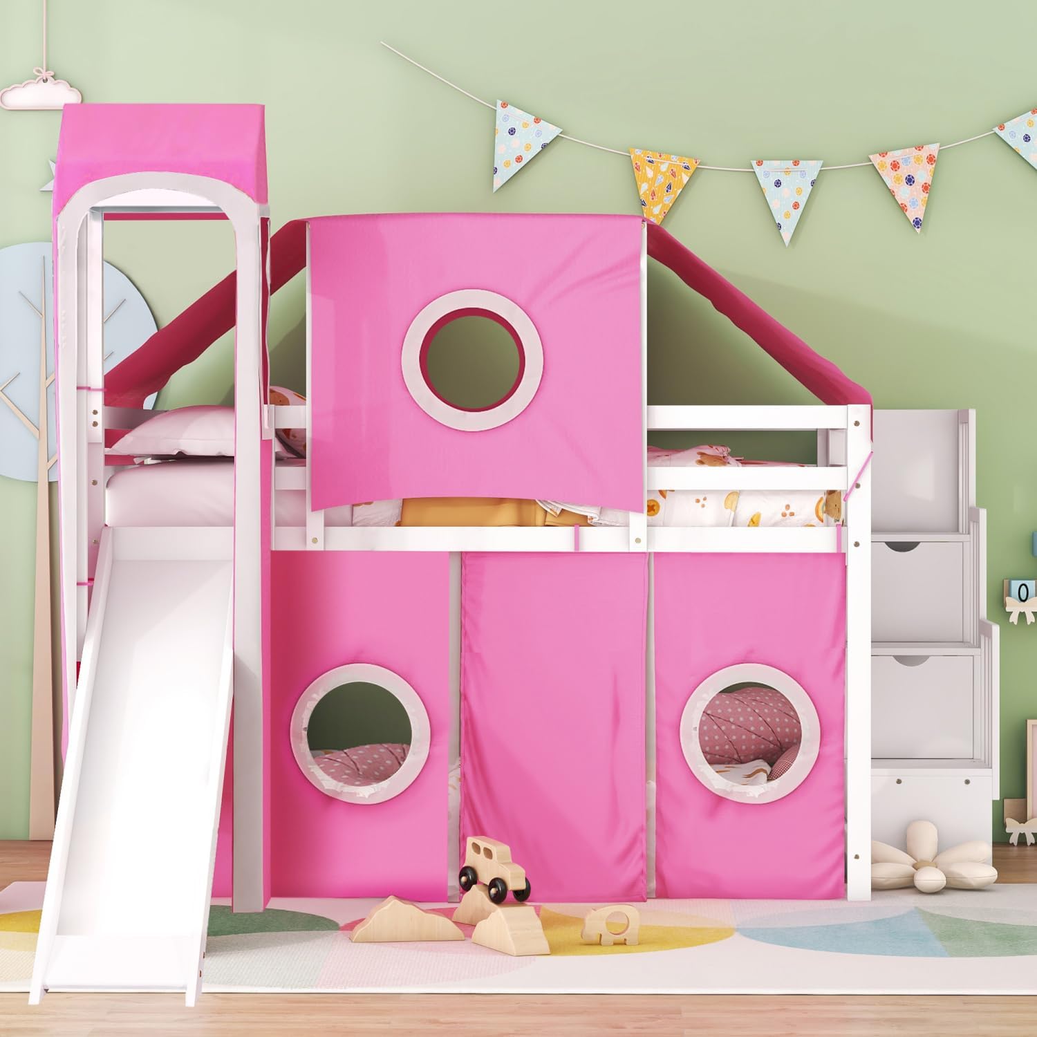 Full Size Loft Bed with Tent and Tower - Pink - Solid Wood - Playhouse Inspired - Kids Bedroom Fun