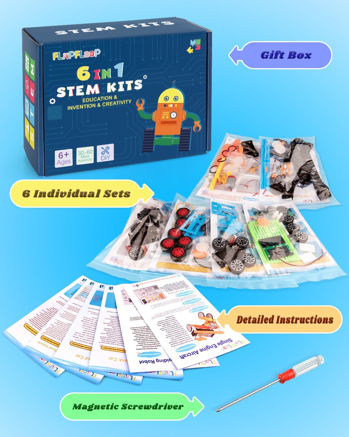 6-in-1 STEM Kit for Kids Ages 6-12, STEM Toys for Boys Ages 8-12, Robot Building Kit & Car Crafts for Kids, Science Activities Robotics Kits for 6 7 8 9 10 12 Year Old Boys Girl Birthday Gifts