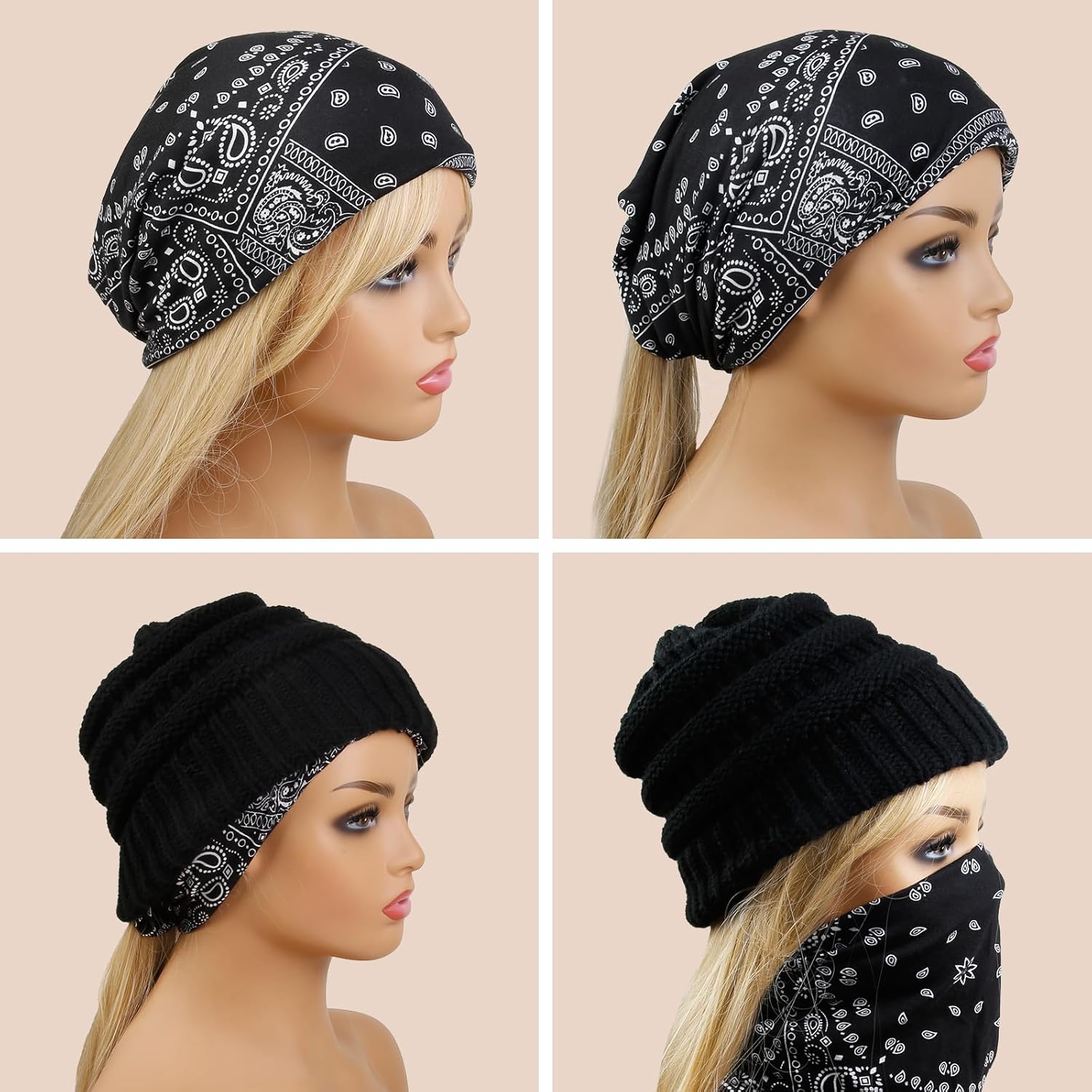 2 Packs Winter Hats for Women Beanie Satin Lined Acrylic Cable Knit Chunky Warm Soft Slouchy Cuffed Cap - Image 6