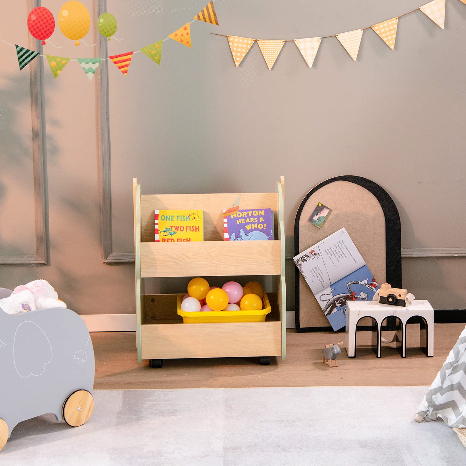 COSTWAY Kinder Bücherregal auf Rollen, 2 Ebenen Spielzeugregal aus Holz, 52 x 46 x 62,5 cm (Grün)