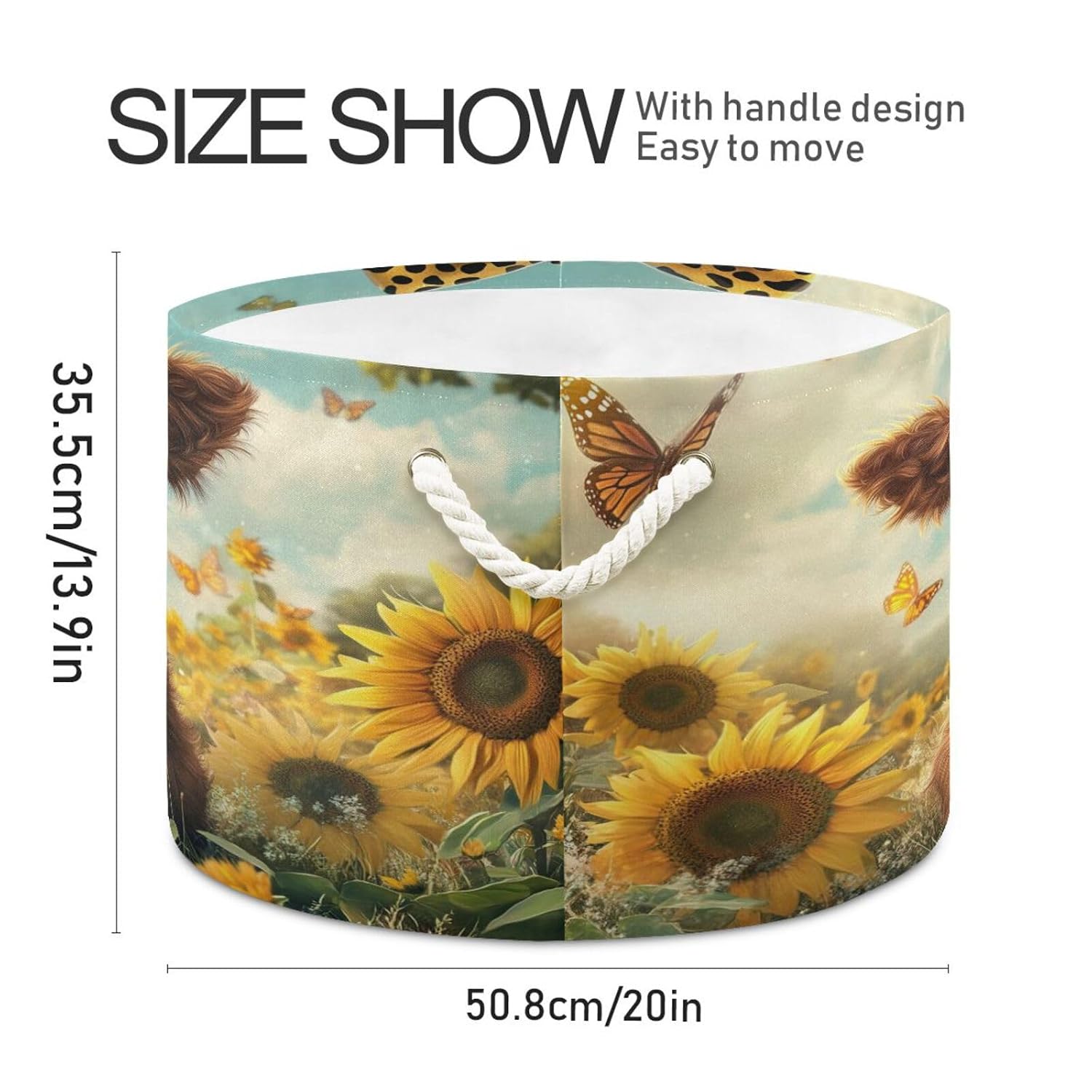 Emelivor Round Canvas Storage Basket - Highland Cow Sunflowers Yellow Laundry Hamper Bucket Closet Storage Bin for Nursery Laundry Clothes Bedroom Office Blanket Towels