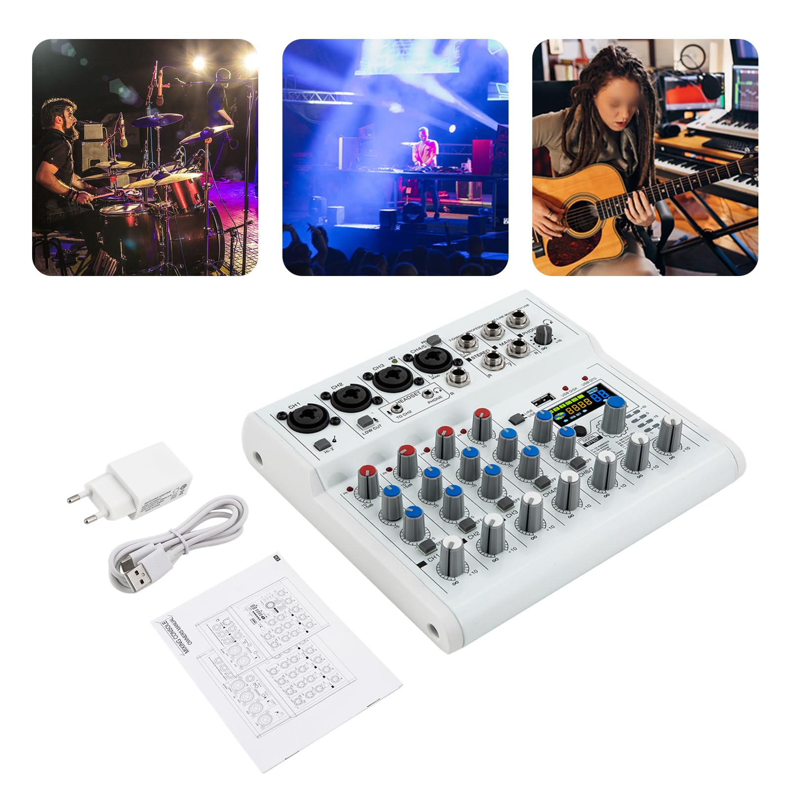 Mixer bianco a 7 canali, mixer audio a 7 canali, mixer musicale a 7 canali, 18,3 x 20,8 x 4,5 cm, per spettacoli sul palcoscenico, nastro nuziale, karaoke live streaming