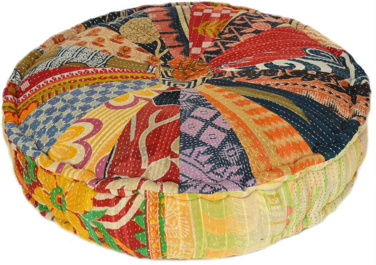 RANGILA Stuffed Indian Vintage Kantha Pizza Patch Floor Cushion; Pouf Ottoman; Round Pouf