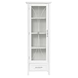 Delaney Linen Tower Tall Narrow Skinny Bathroom Storage Space Saver with 1 Glass Panel Door 3 Adjustable Shelves 1 Drawer, White