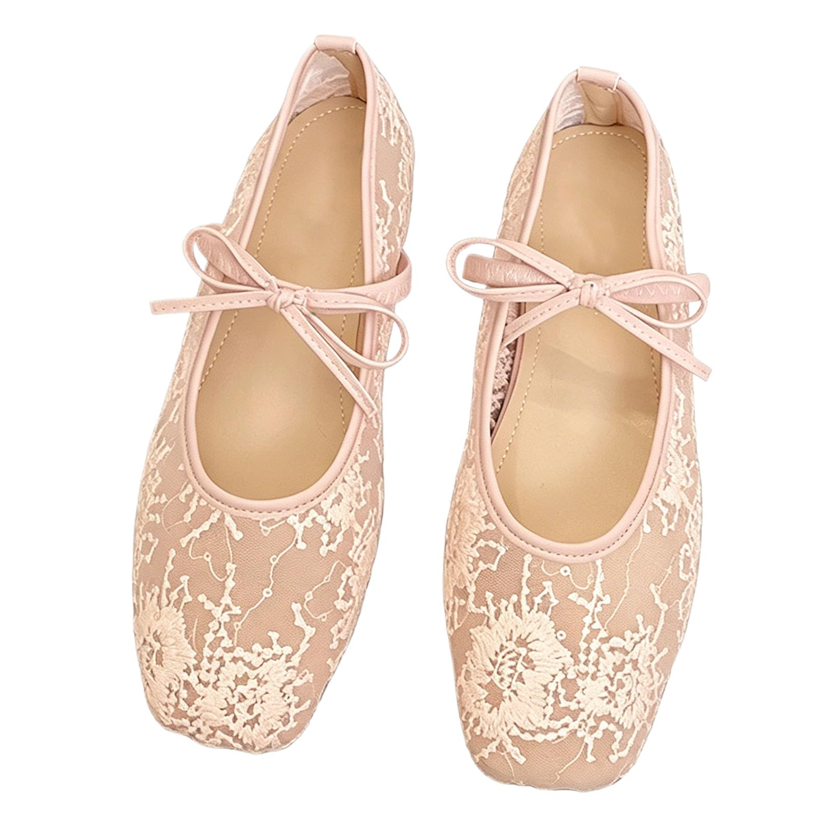 Ballerine eleganti da donna con punta quadrata in pizzo con fiocco ricamato ballerine da donna ampia larghezza casual ufficio quotidiano abito Mary Jane scarpe, rosa, 36 EU