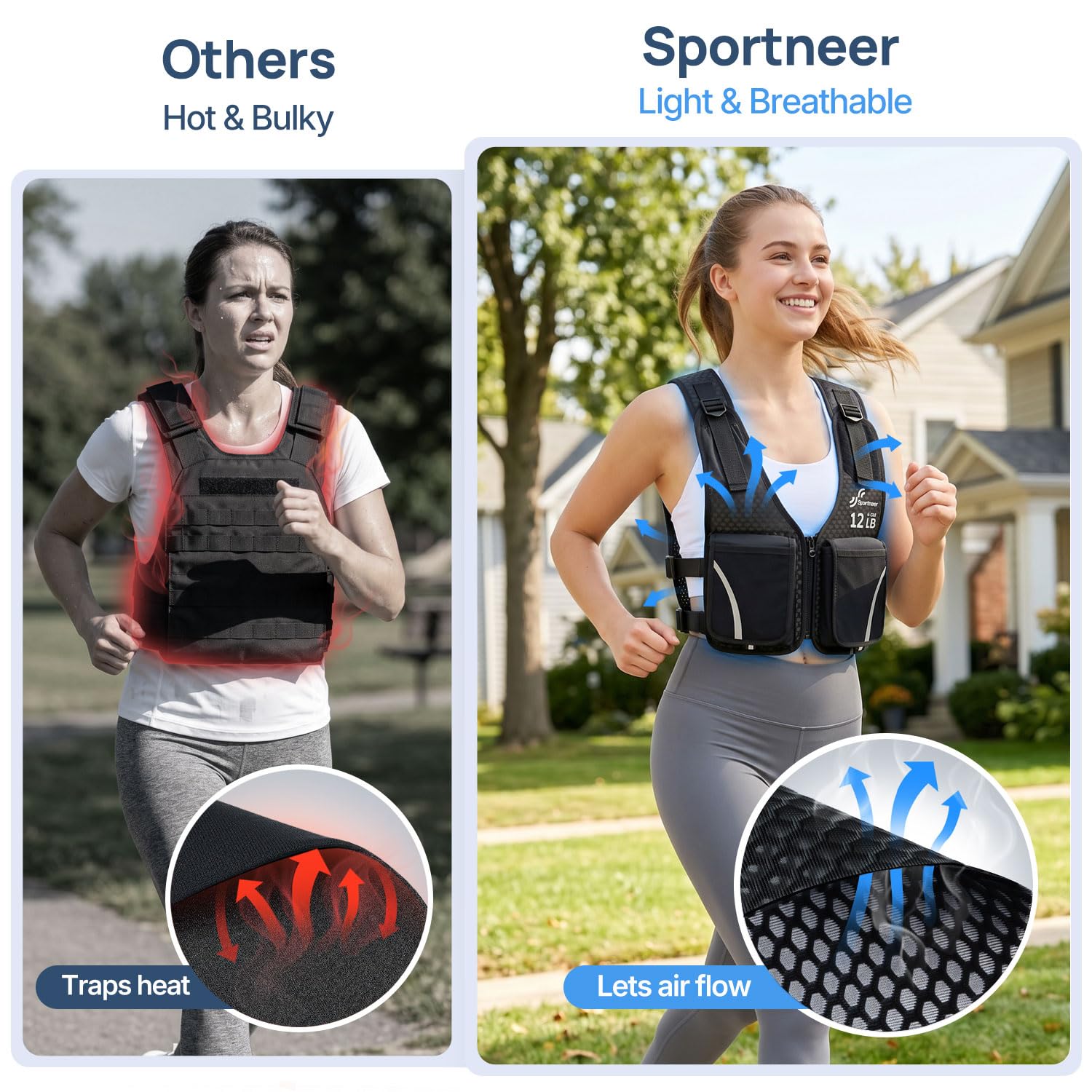 Sportneer 0–5,4 kg Verstellbare Gewichtsweste für Walking, Schwarz | Leichte Gewichtsweste für Damen mit Handytasche und Flaschenhalter, bequeme Weste zum Gehen, Joggen und Krafttraining