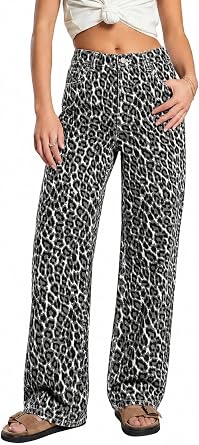 Baggy Jeans Womens High Waisted Leopard Print Jeans Wide Leg Denim Pants