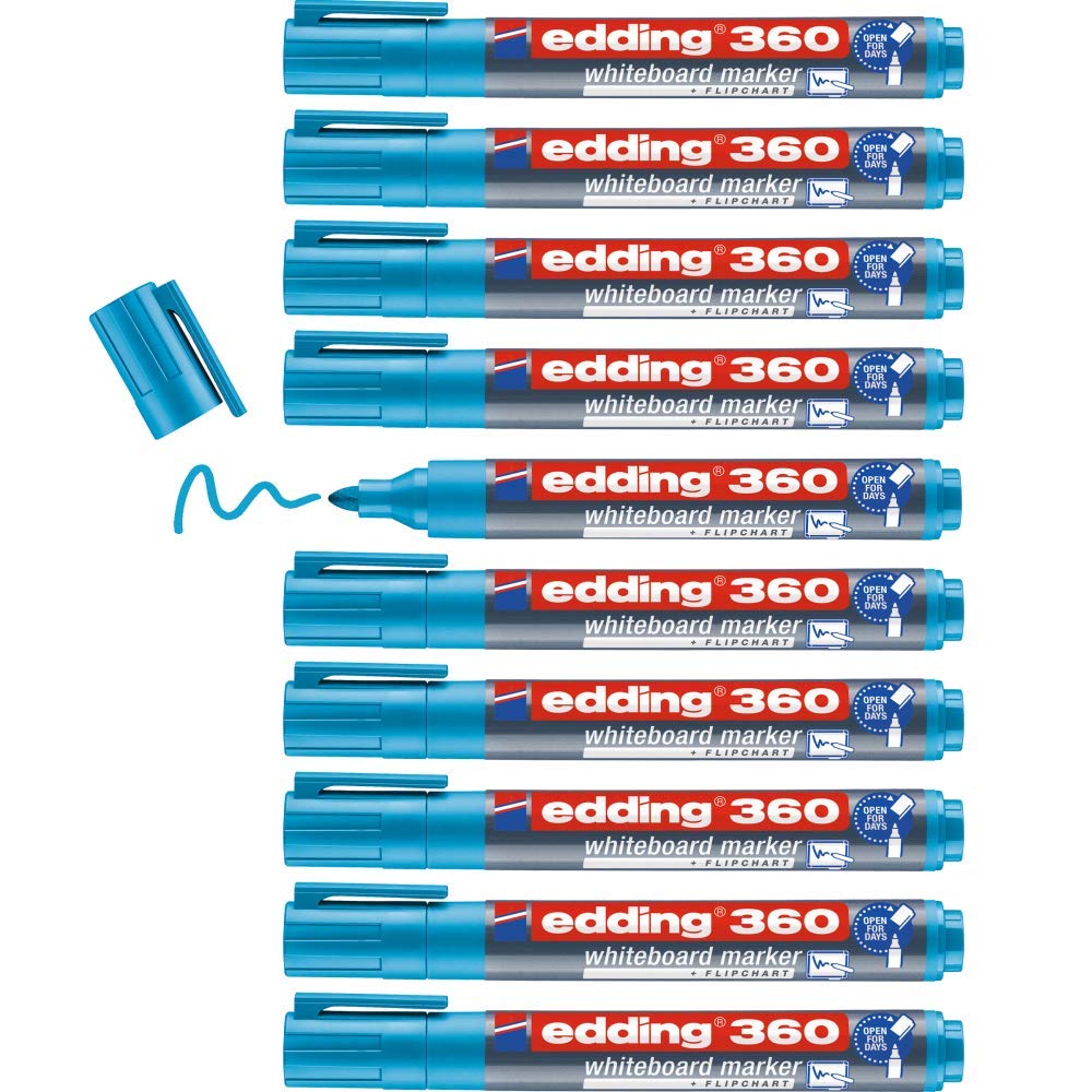 edding 360 Whiteboardmarker - hell-blau - 10 Whiteboard Stifte - Rundspitze 1,5-3 mm - Boardmarker abwischbar - für Whiteboard, Flipchart, Magnettafel, Pinnwand, Memoboard - Sketchnotes