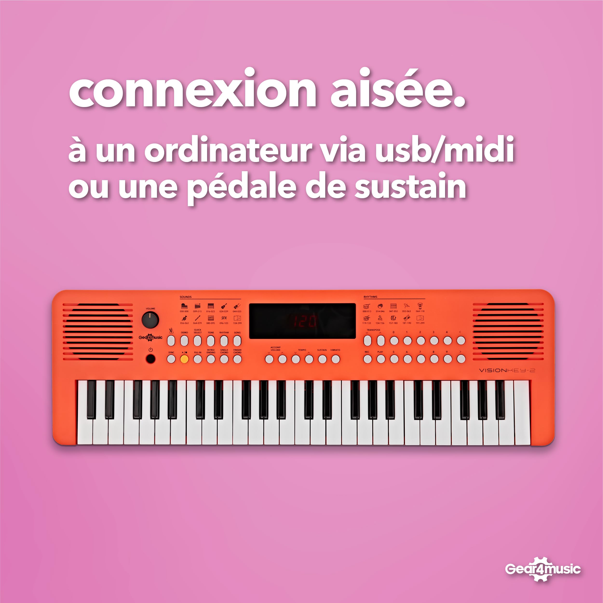 Clavier MIDI portable 49 touches - Mini clavier électrique de Piano, Orange | Pour Débutants et Passionnés de Musique, 49 Mini Touches, 300 Sons et Rythmes, MIDI USB, Sortie Casque, Piles ou USB